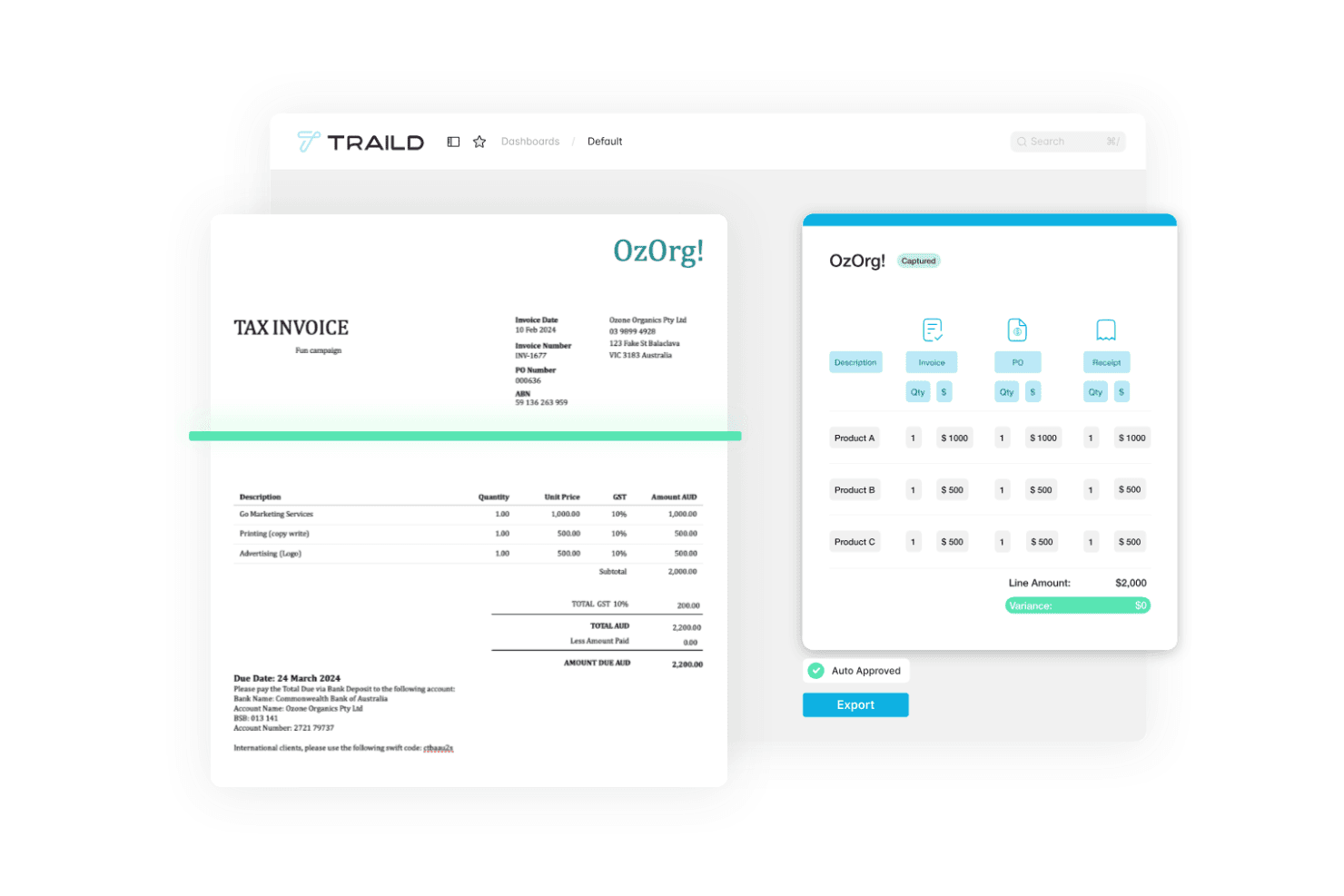 Trailds brugerflade til automatisering af kreditorprocesser, der viser fakturaregistrering, udtrukne fakturadata, validering af linjeposter, automatisk godkendelsesstatus og eksportmuligheder.