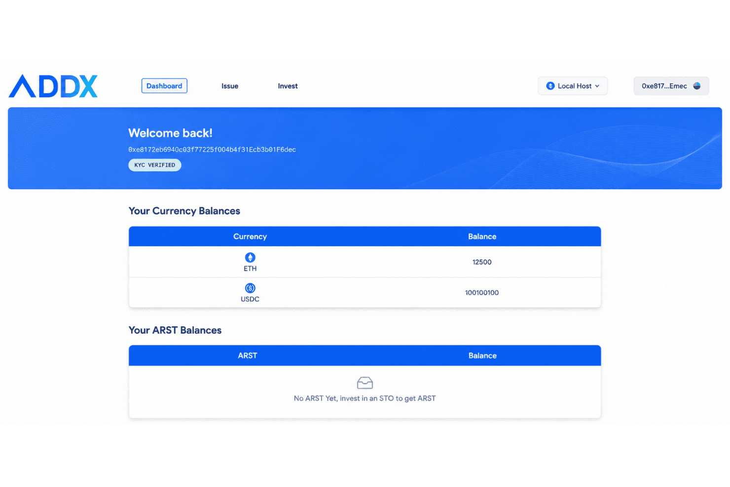 ADDX-beleggersdashboard met ETH- en USDC-saldi en een lege ARST-tokenvoorraad.