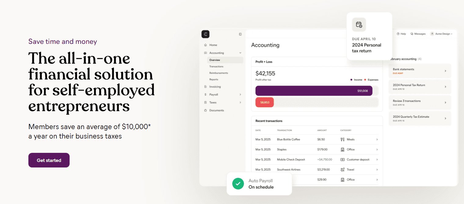 Collective automates finances with bookkeeping, payroll, and tax support for solopreneurs.