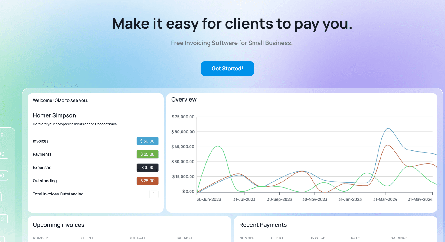 Flexible invoicing with payments, automation, and client management.