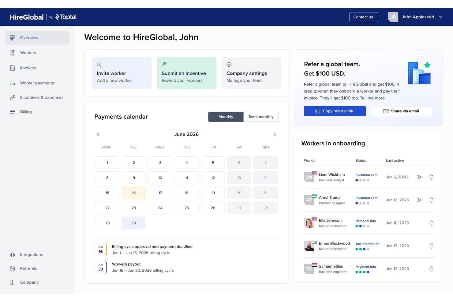 Tableau de bord HireGlobal affichant le calendrier des paiements et le panneau d'état de l'intégration des travailleurs.