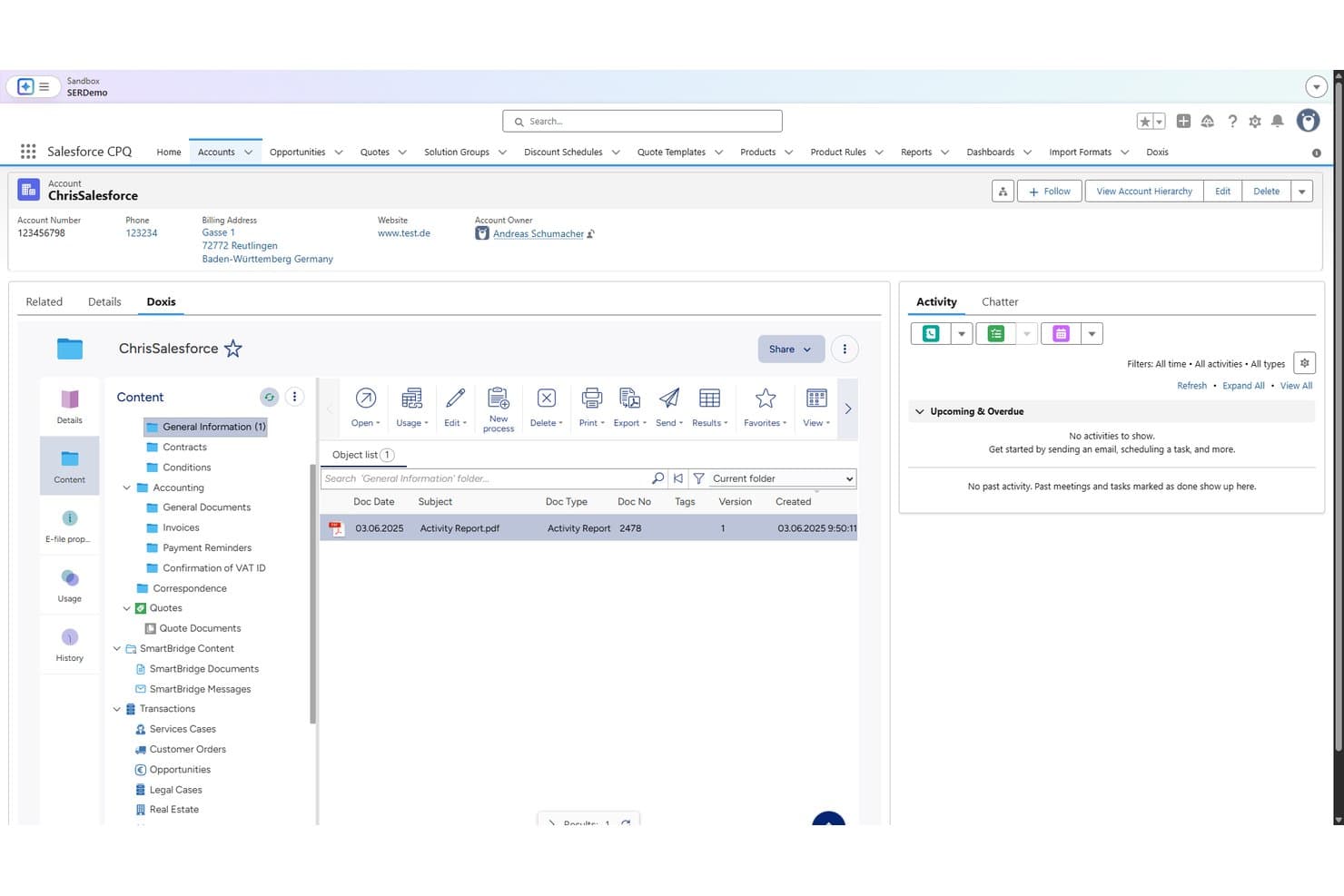 Doxis document management panel in Salesforce showing an Activity Report PDF file.