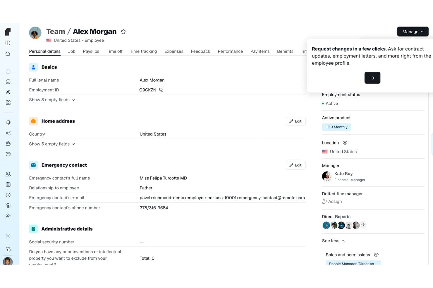 Remotes medarbejderprofilside, der viser personlige oplysninger, nødkontakt og oplysninger om leder.