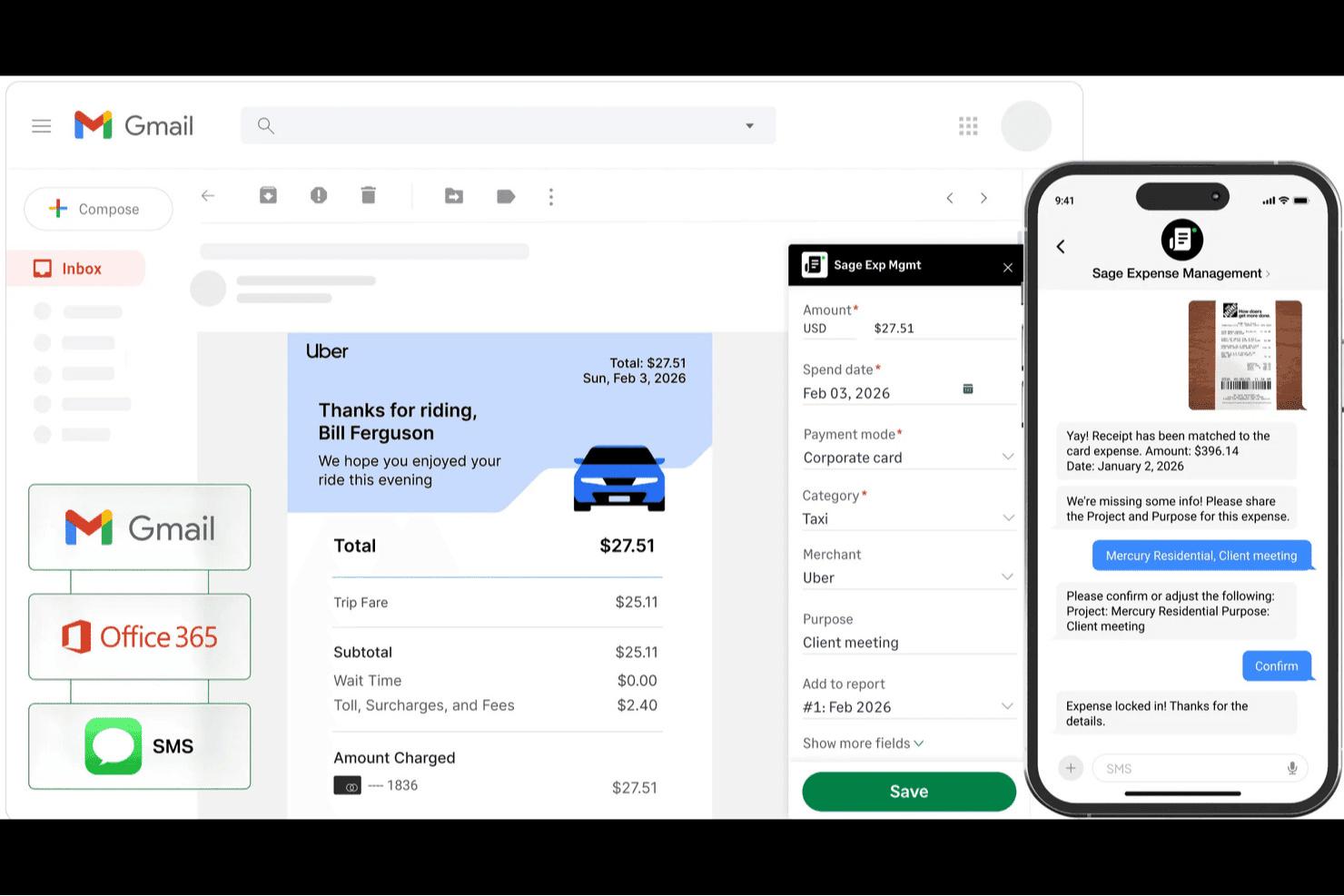 Sage Expense Management interface showing Uber receipt auto-captured into expense form.