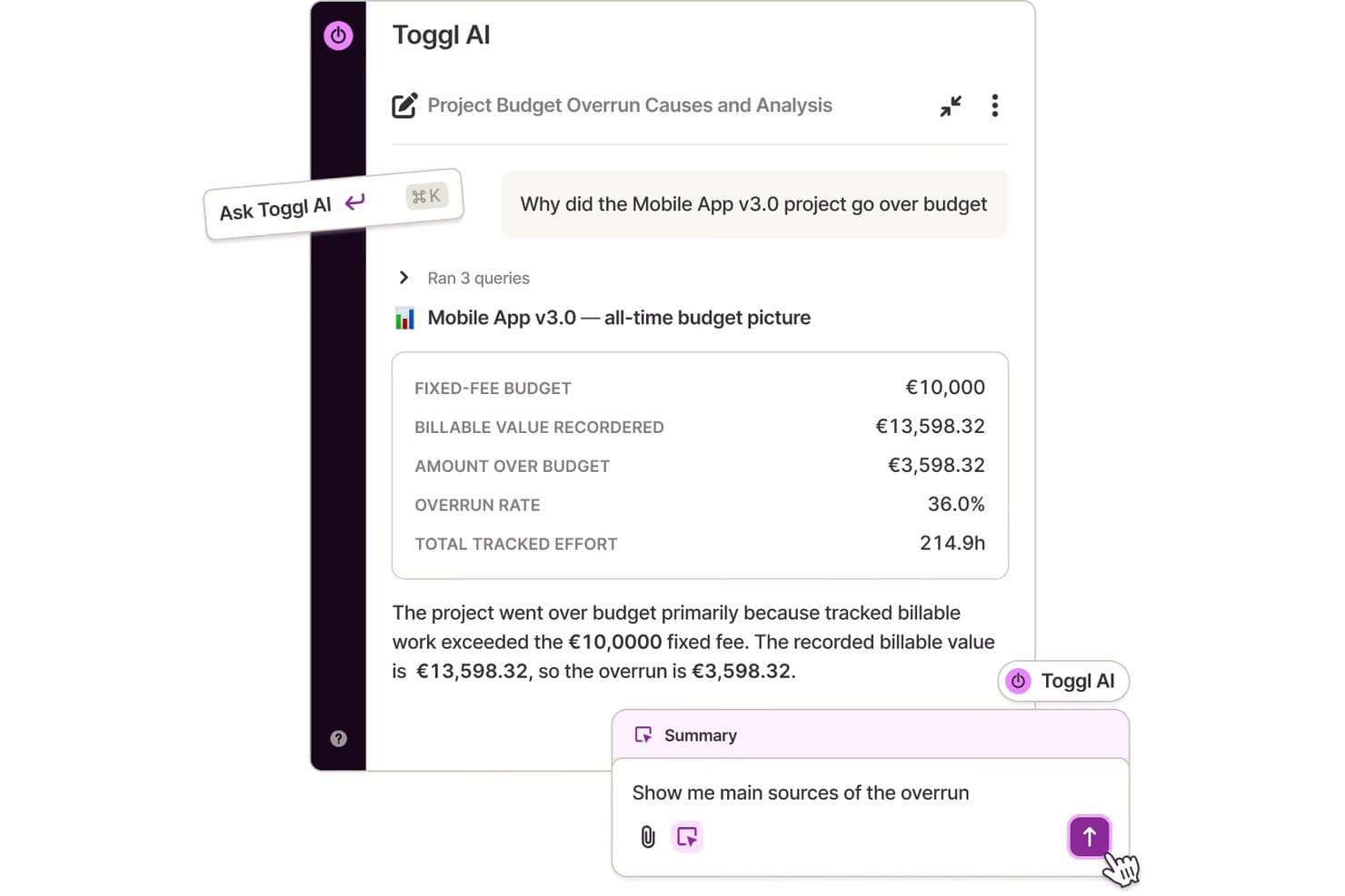 Togglin tekoälykeskustelu, jossa näytetään mobiilisovellus v3.0 -budjetin ylitysanalyysi keskeisine mittareineen.