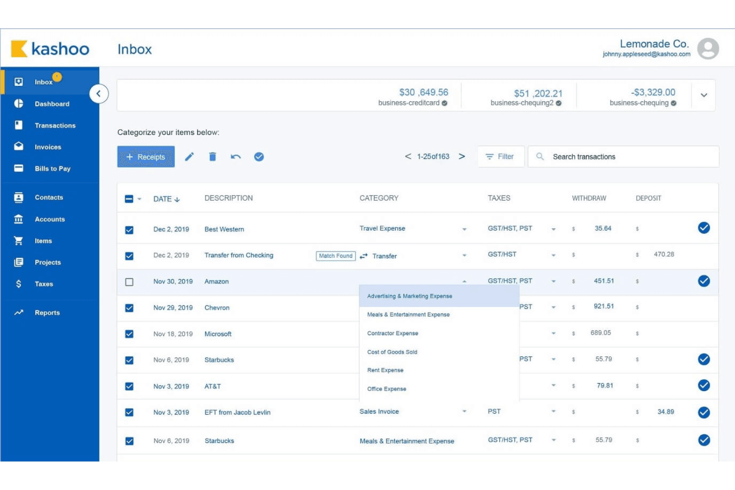 Kashoo inbox showing transactions list with category dropdown menu open.