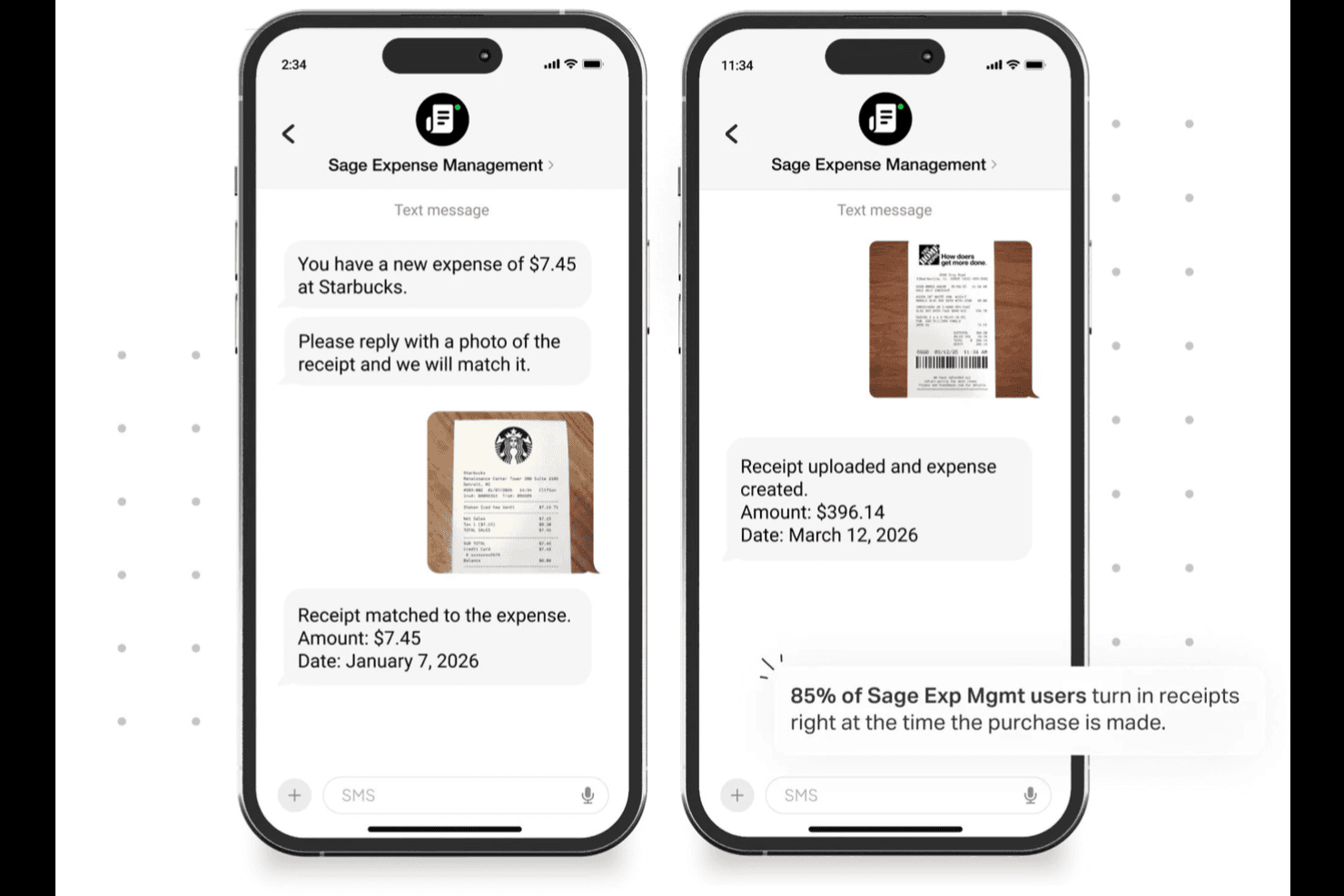 Sage Expense Managements mobilgrænseflade, der viser indsendelse af kvitteringer via SMS, automatisk matchning af udgifter og bekræftelsesbeskeder med transaktionsbeløb og datoer.