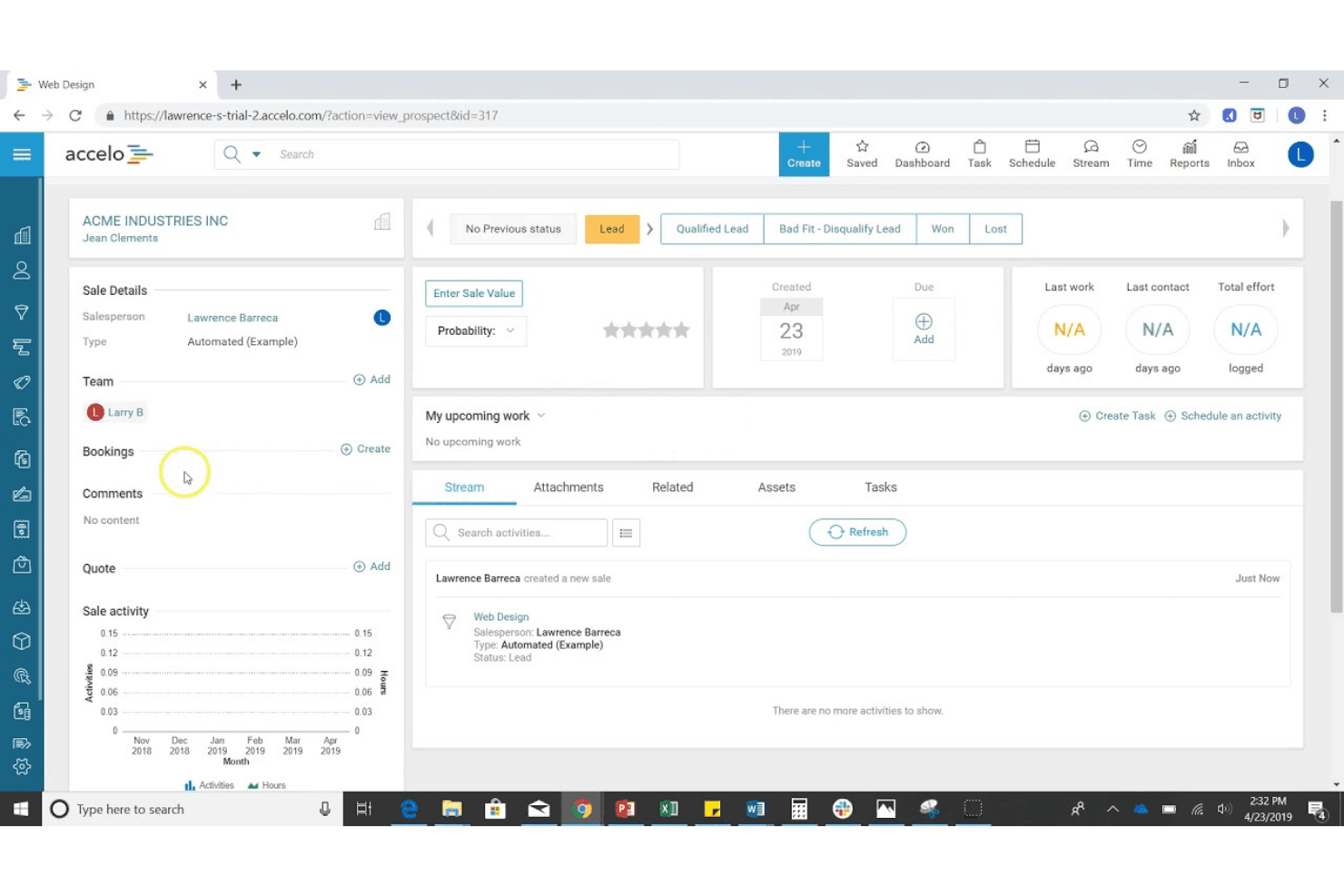 Accelo CRM:n myynnin tietosivu, jossa näkyvät potentiaalisen asiakkaan tila, myyjä, tiimi ja toimintavirta.