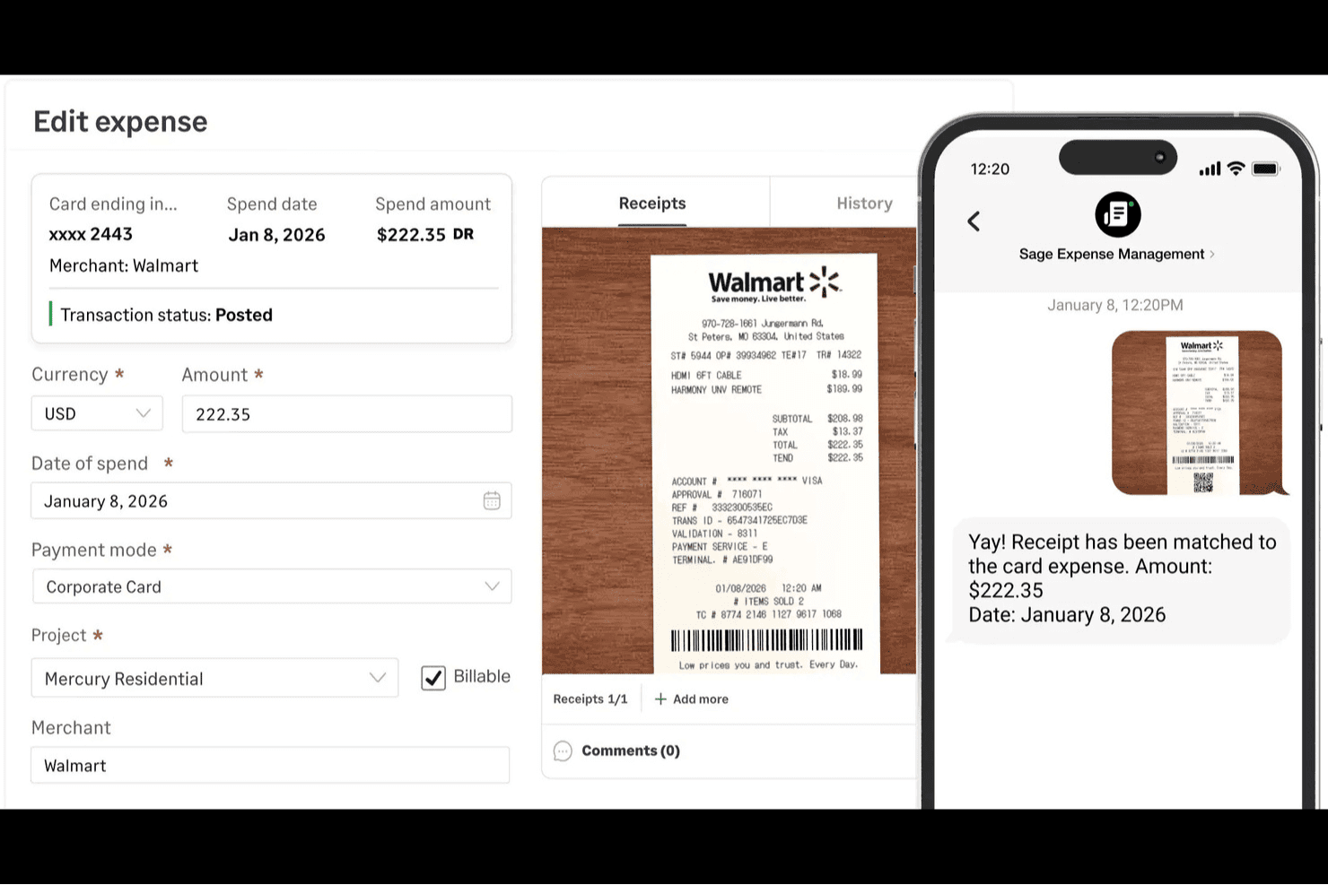 Sage Expense Management-appen matcher en Walmart-kvittering med en kortudgift på $222.35.