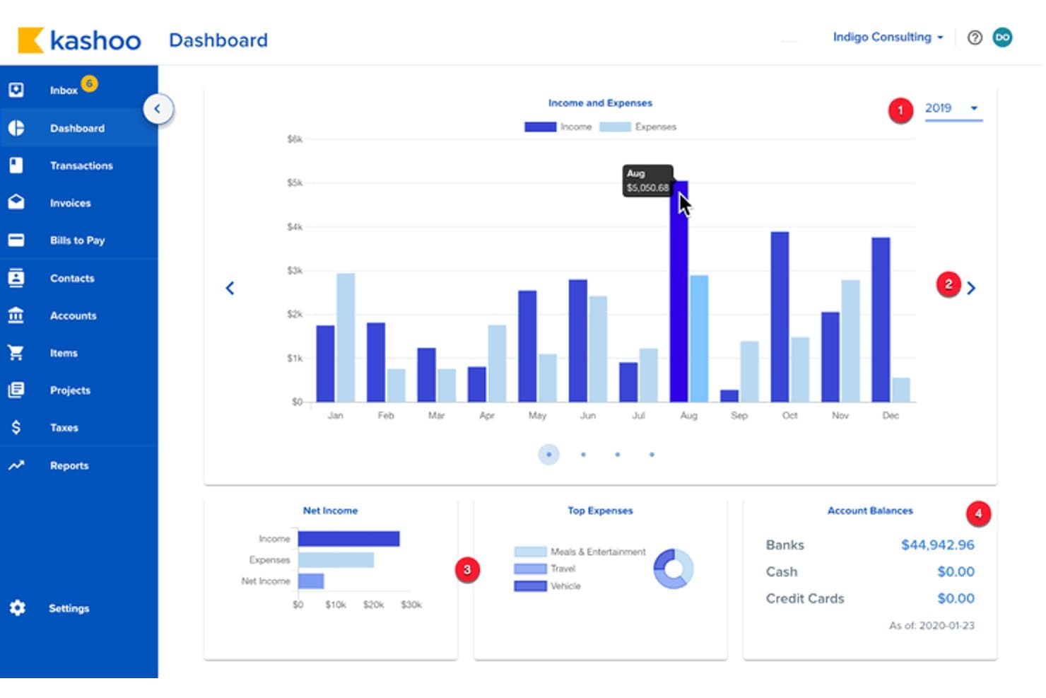 Kashoo dashboard showing income, expenses chart, net income, and account balances.