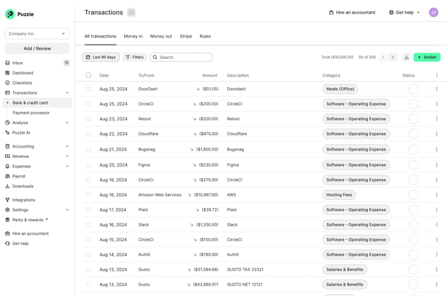Puzzle transactions dashboard showing categorized bank and credit card expenses list.