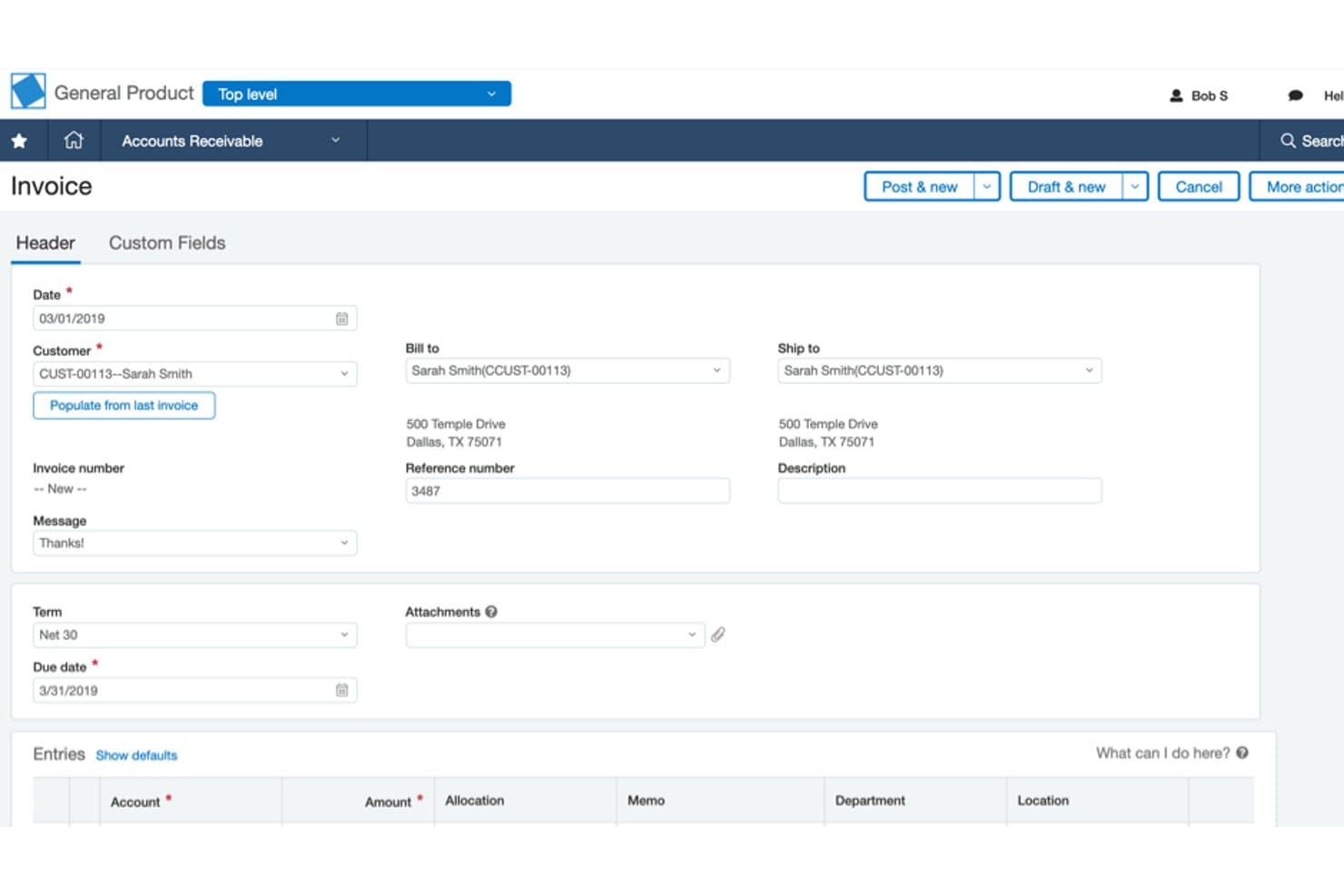 Sage Intacct invoice form with customer, billing, and due date fields.