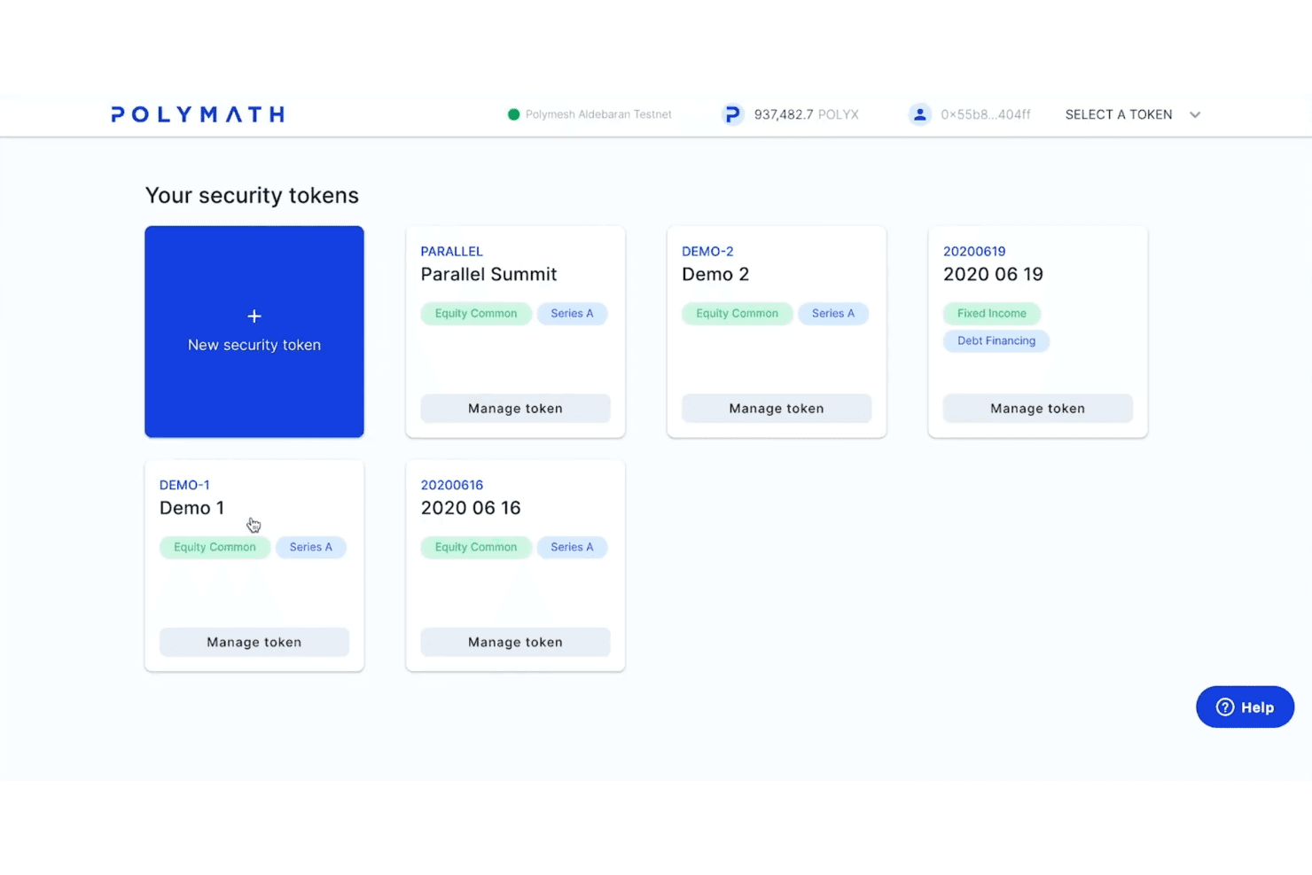 Dashboard für Sicherheitstoken von Polymath mit fünf Token-Karten, die jeweils eine Schaltfläche zum Verwalten des Tokens zeigen.