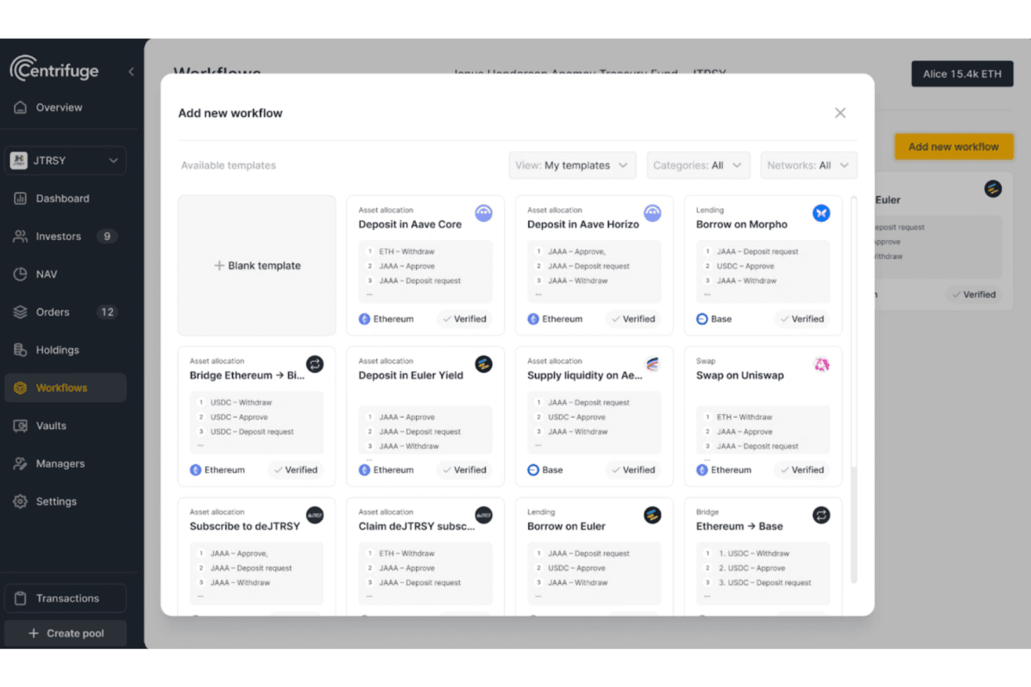 Het dialoogvenster Nieuwe workflow toevoegen van Centrifuge met een raster van beschikbare DeFi-workflowsjablonen
