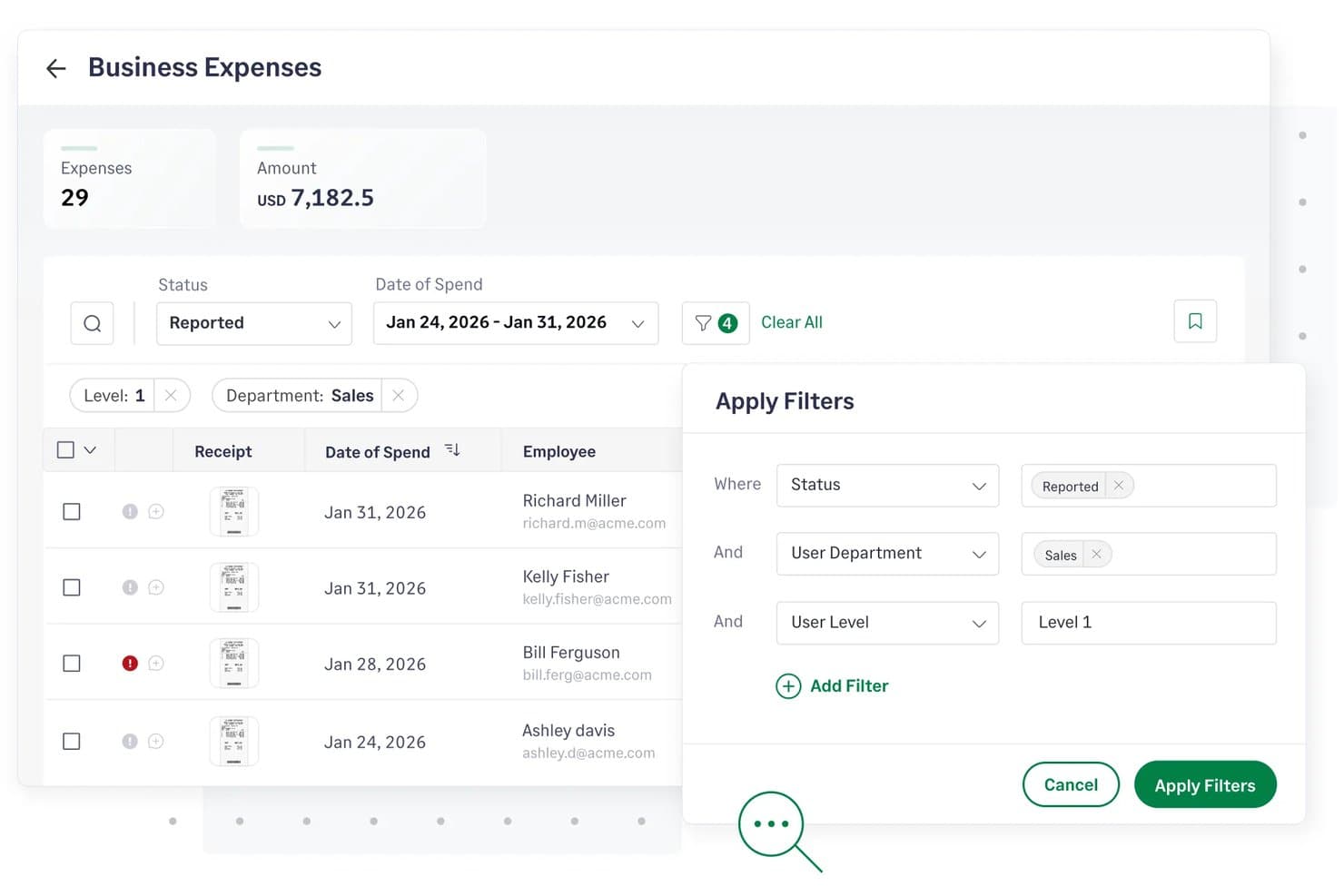 Elenco delle spese aziendali di Sage Expense Management con il pannello Applica filtri che mostra filtri per stato, reparto e livello.