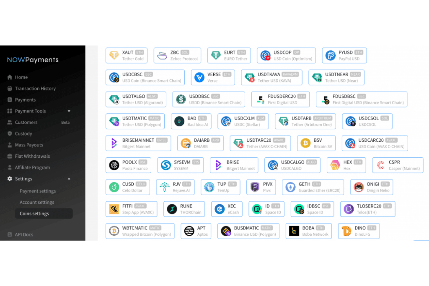 NOWPayments dashboard showing a grid of supported cryptocurrency coins in Coins Settings.
