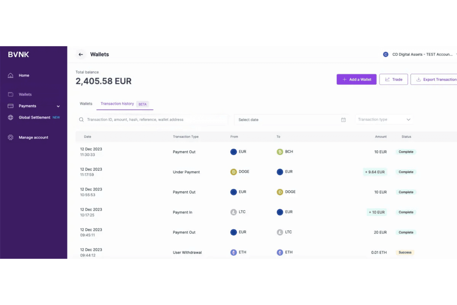 BVNK wallet dashboard showing transaction history with EUR and crypto currency transfers