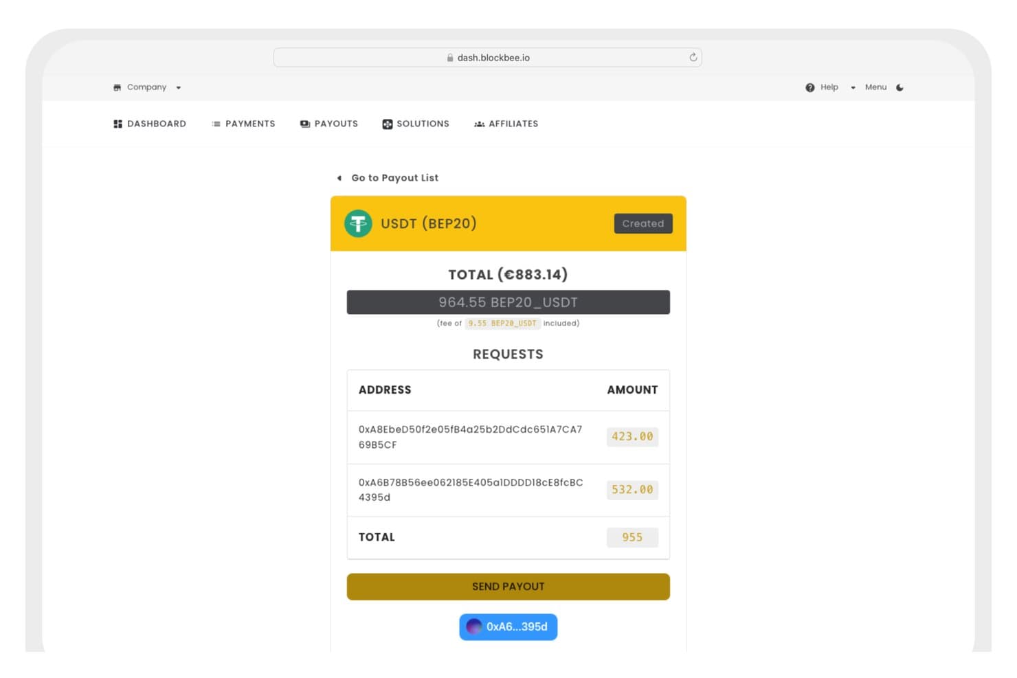 BlockBeen hallintapaneeli näyttää 964.55 USDT:n BEP20-maksun kahteen lompakko-osoitteeseen, joiden kokonaissumma on 955.