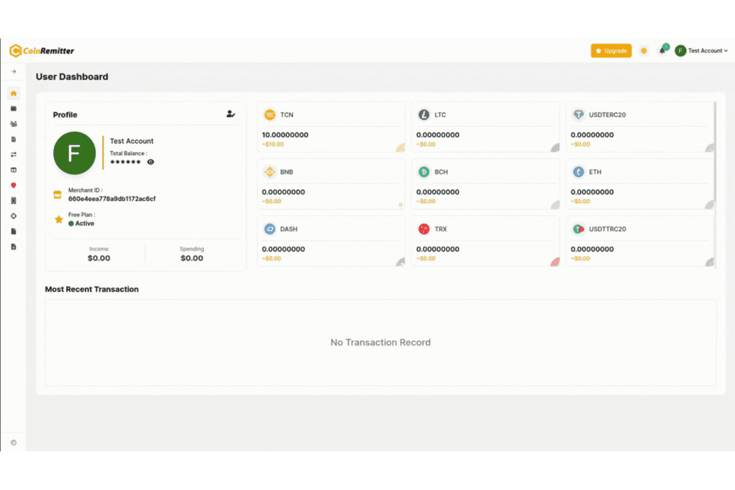CoinRemitterin käyttäjän hallintapaneeli, jossa näkyvät TCN:n, LTC:n, BNB:n, ETH:n ja muiden kryptovaluuttojen saldot.
