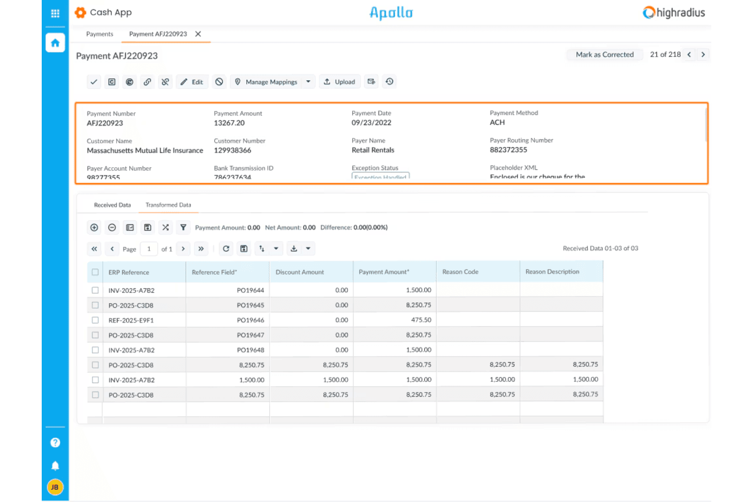 HighRadius Cash App screenshot showing payment AFJ220923 with remittance line items and ERP references.