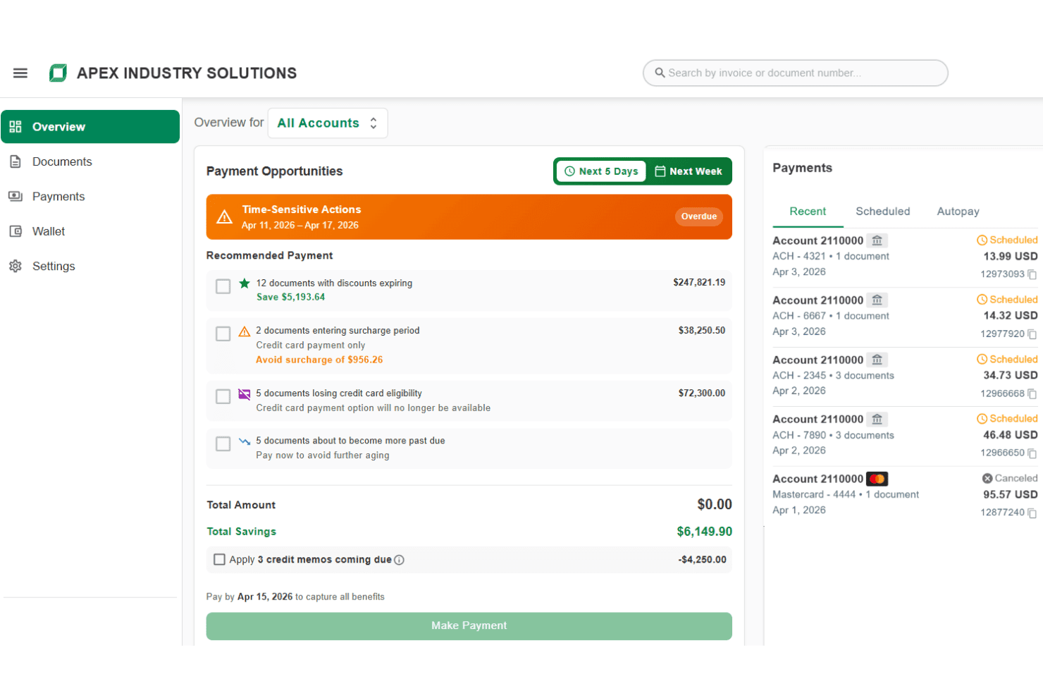 Billtrust payment dashboard showing overdue actions, recommended payments, and recent scheduled transactions.