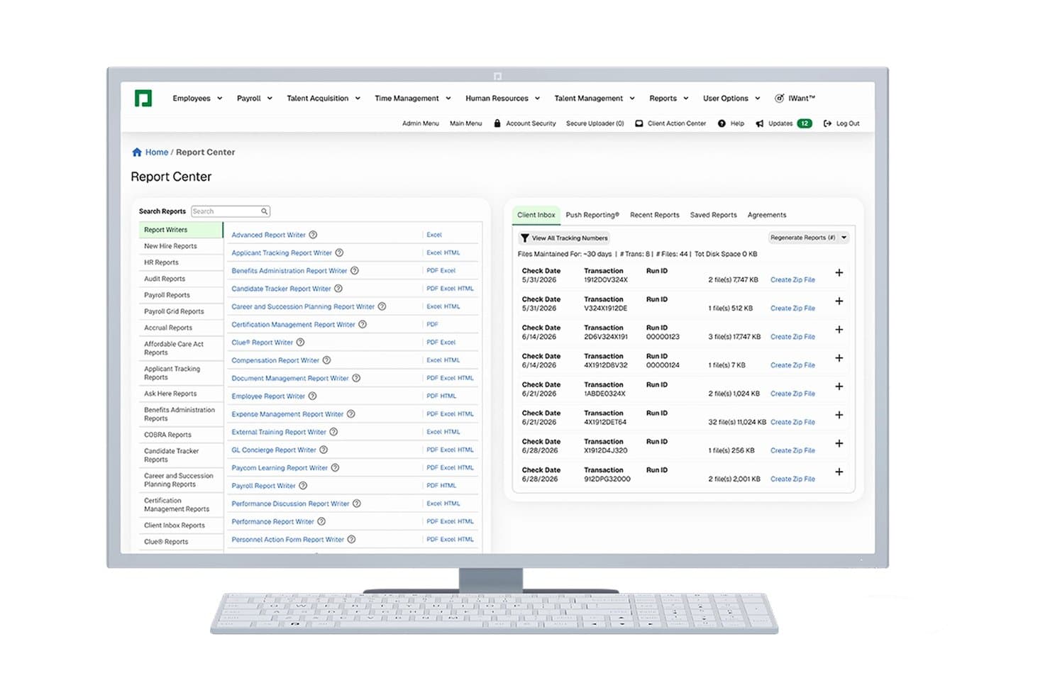 Paycoms rapportcenterdashboard, der viser en liste over rapportværktøjer og en klientindbakke med transaktionsposter.