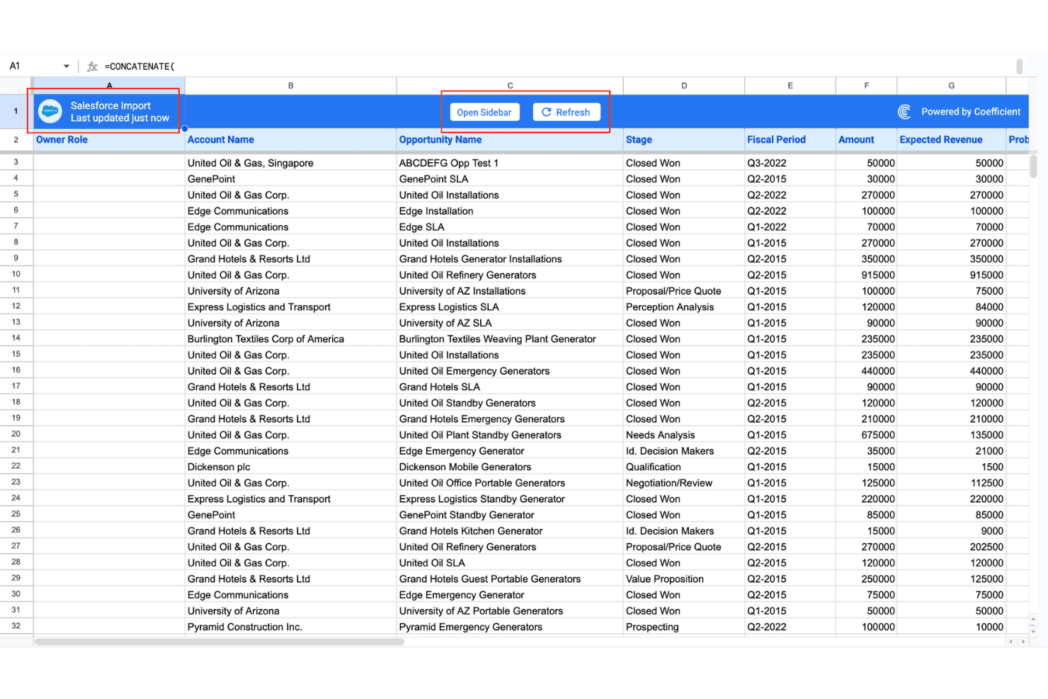 Google Sheets viser Salesforce-mulighedsdata, der er importeret via Coefficient-tilføjelsen, med en opdateringsknap.