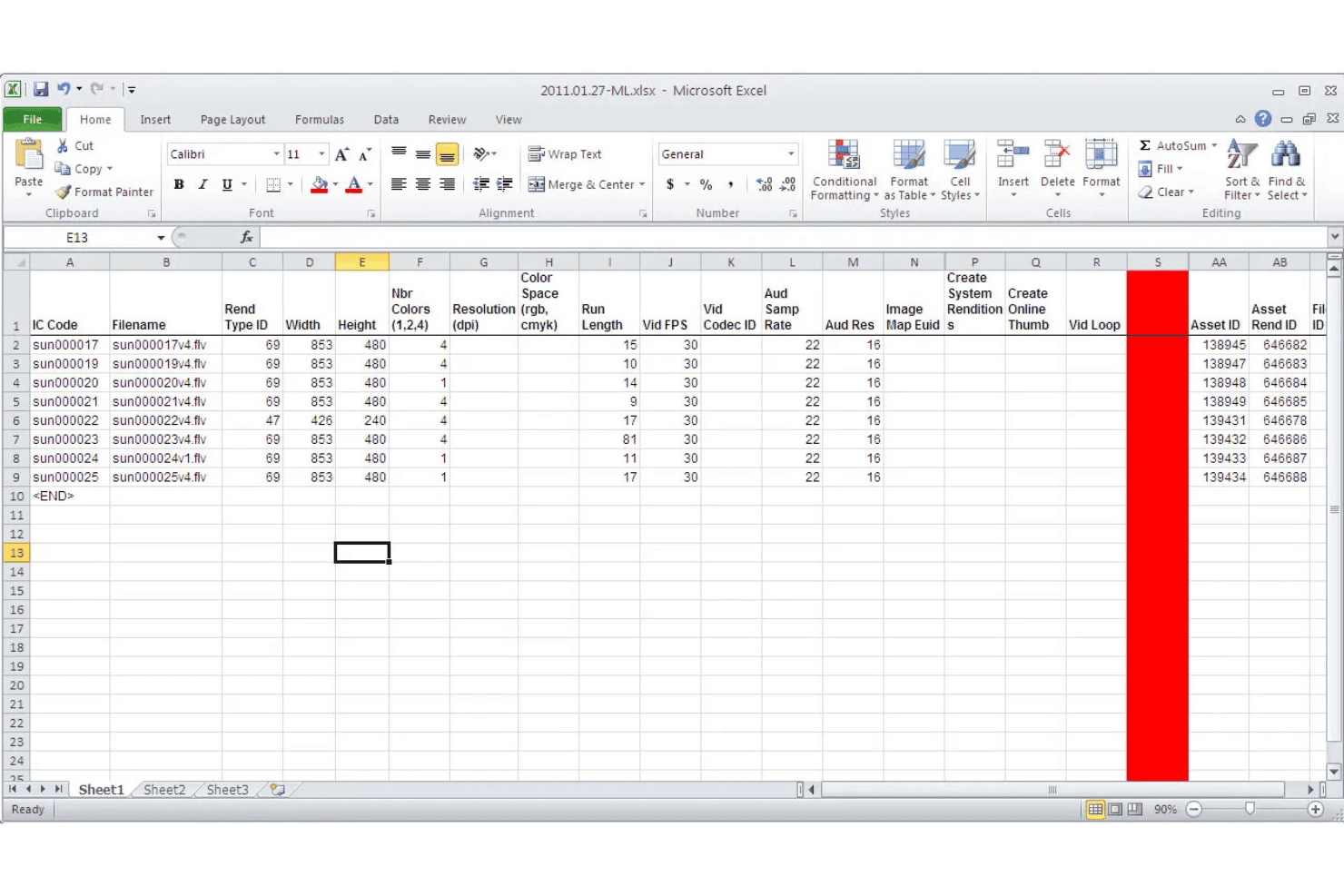 Microsoft Excel-regneark, der viser data om medieaktiver med kolonner for filnavn, bredde, højde, opløsning og aktiv-id'er.