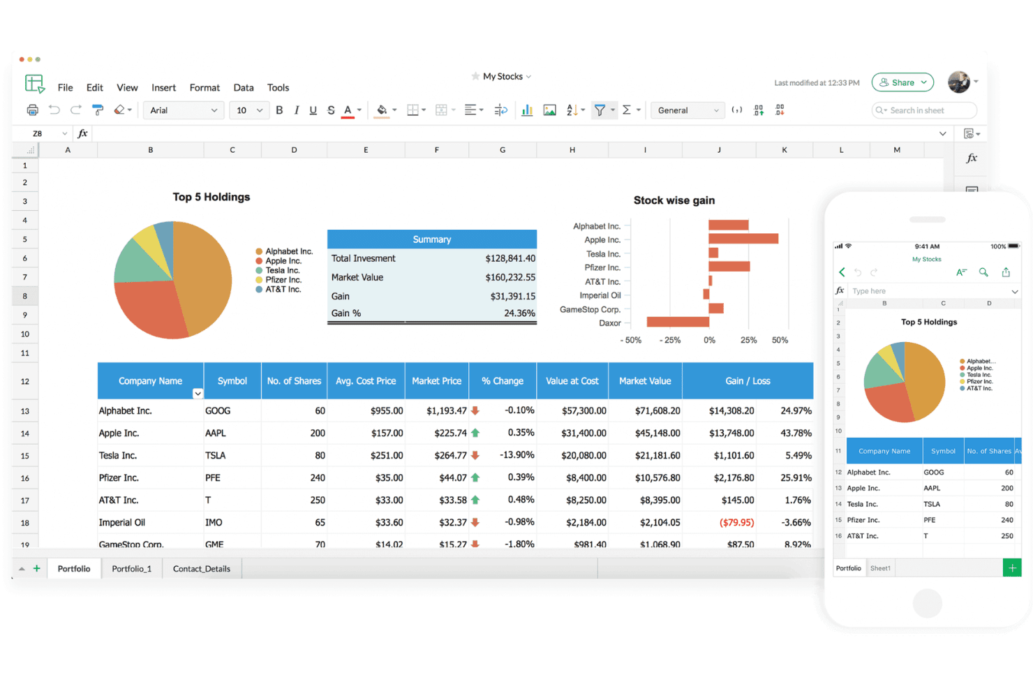 Zoho Sheet-regneark, der viser en aktieportefølje med diagrammer, oversigtstabel og mobilvisning.
