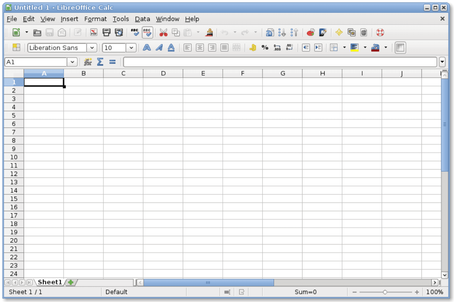 Tomt LibreOffice Calc-regneark med værktøjslinje, kolonneoverskrifterne A til J og 24 synlige rækker.