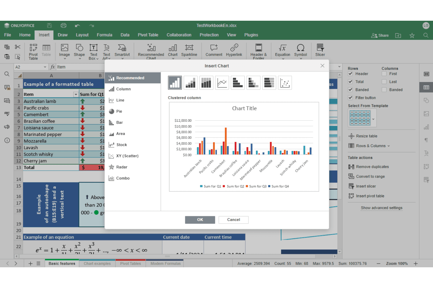 OnlyOffice-regneark med dialogboksen Indsæt diagram, der viser en forhåndsvisning af et grupperet søjlediagram og indstillinger for diagramtype.