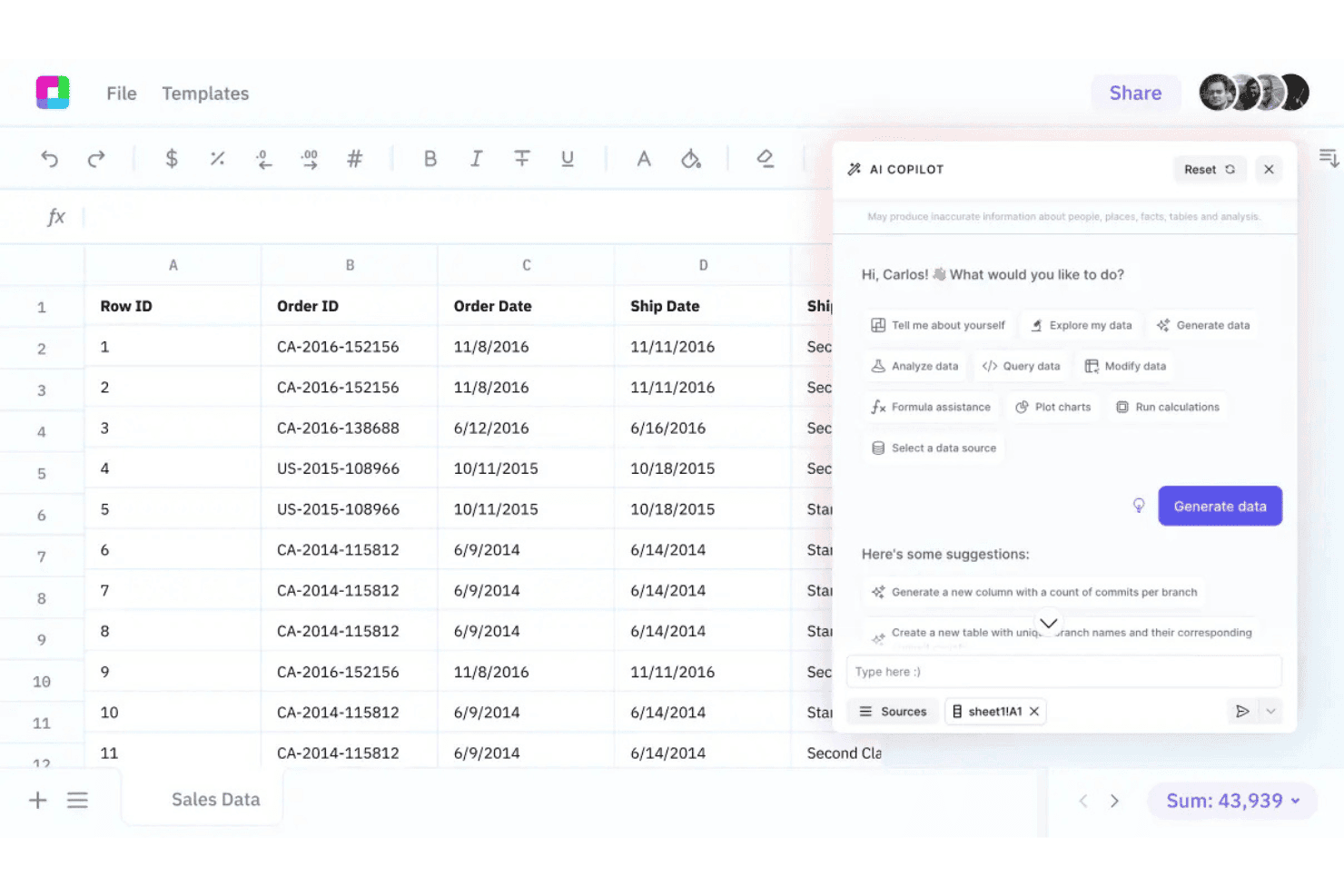 Regneark med AI Copilot-panel, der viser dataindstillinger og forslag til salgsdata.