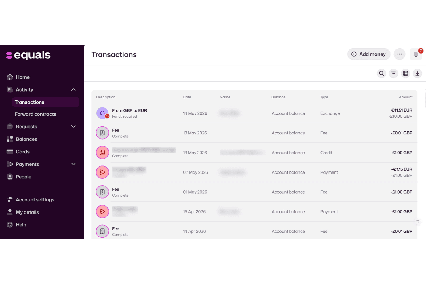 Equals Money-transaktionsdashboard, der viser transaktionshistorik i GBP og EUR med datoer og beløb.