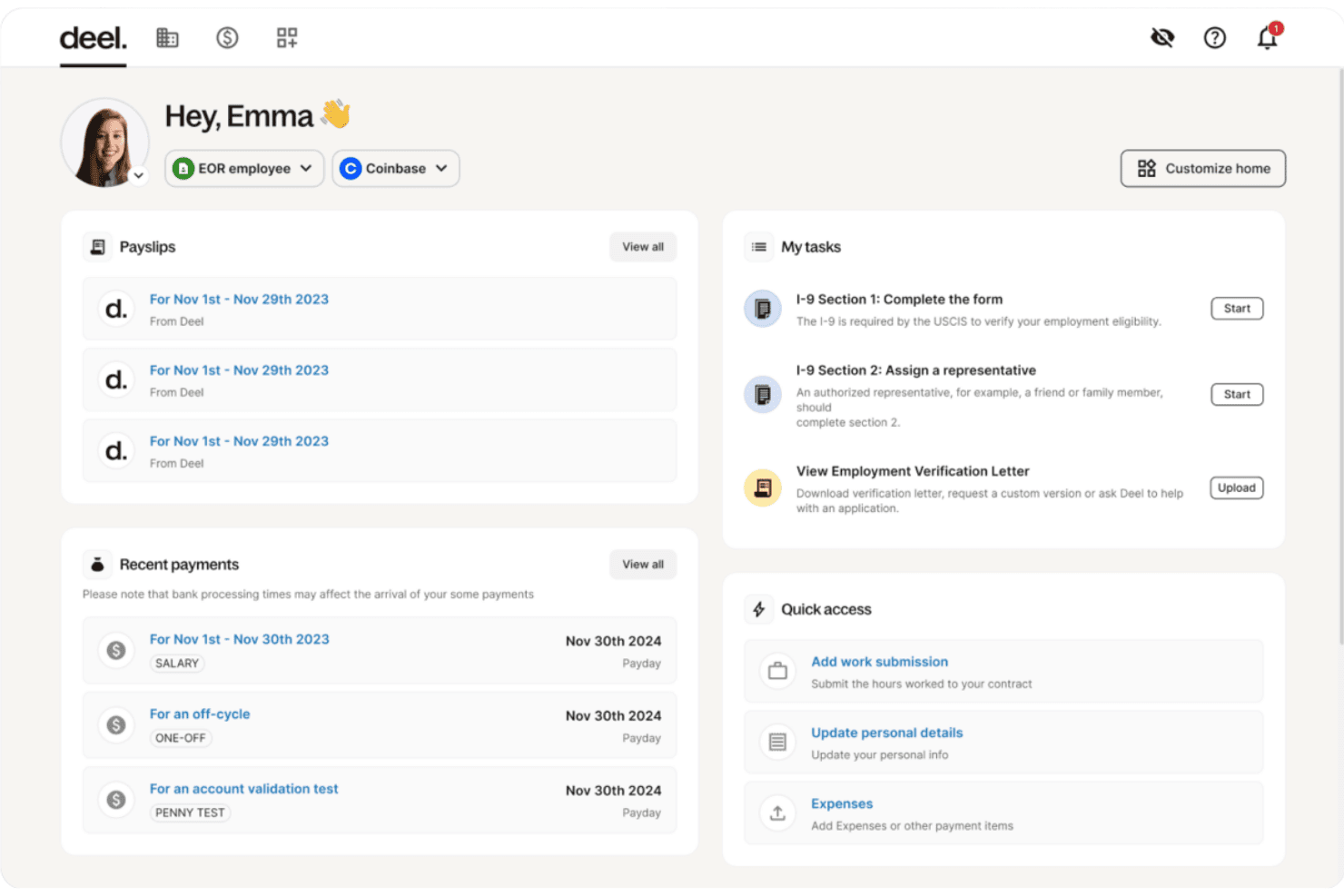 Deel-medarbejderdashboard, der viser lønsedler, seneste betalinger, I-9-opgaver og muligheder for hurtig adgang.
