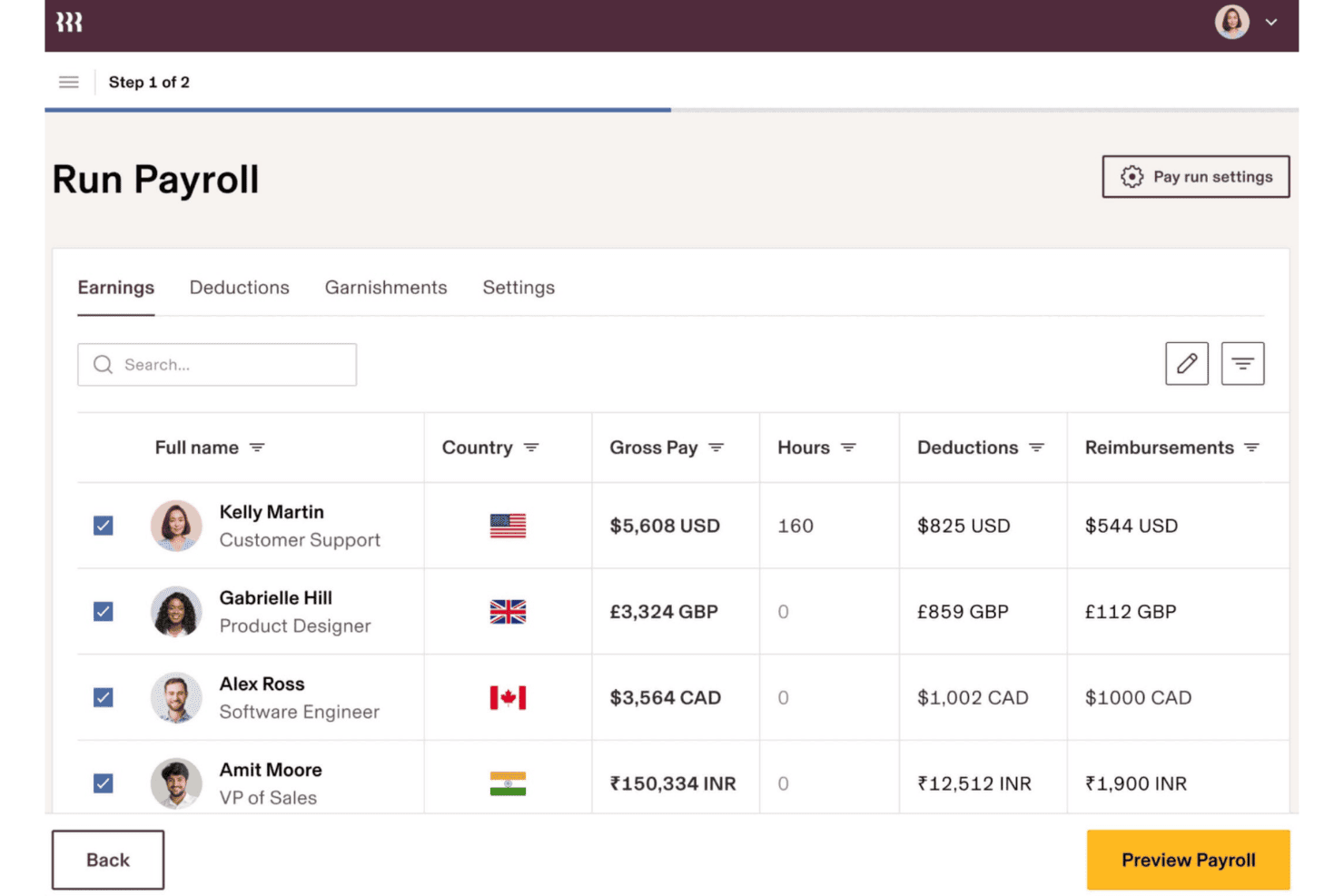 Rippling Run Payroll screen showing four employees with gross pay, hours, deductions, and reimbursements.