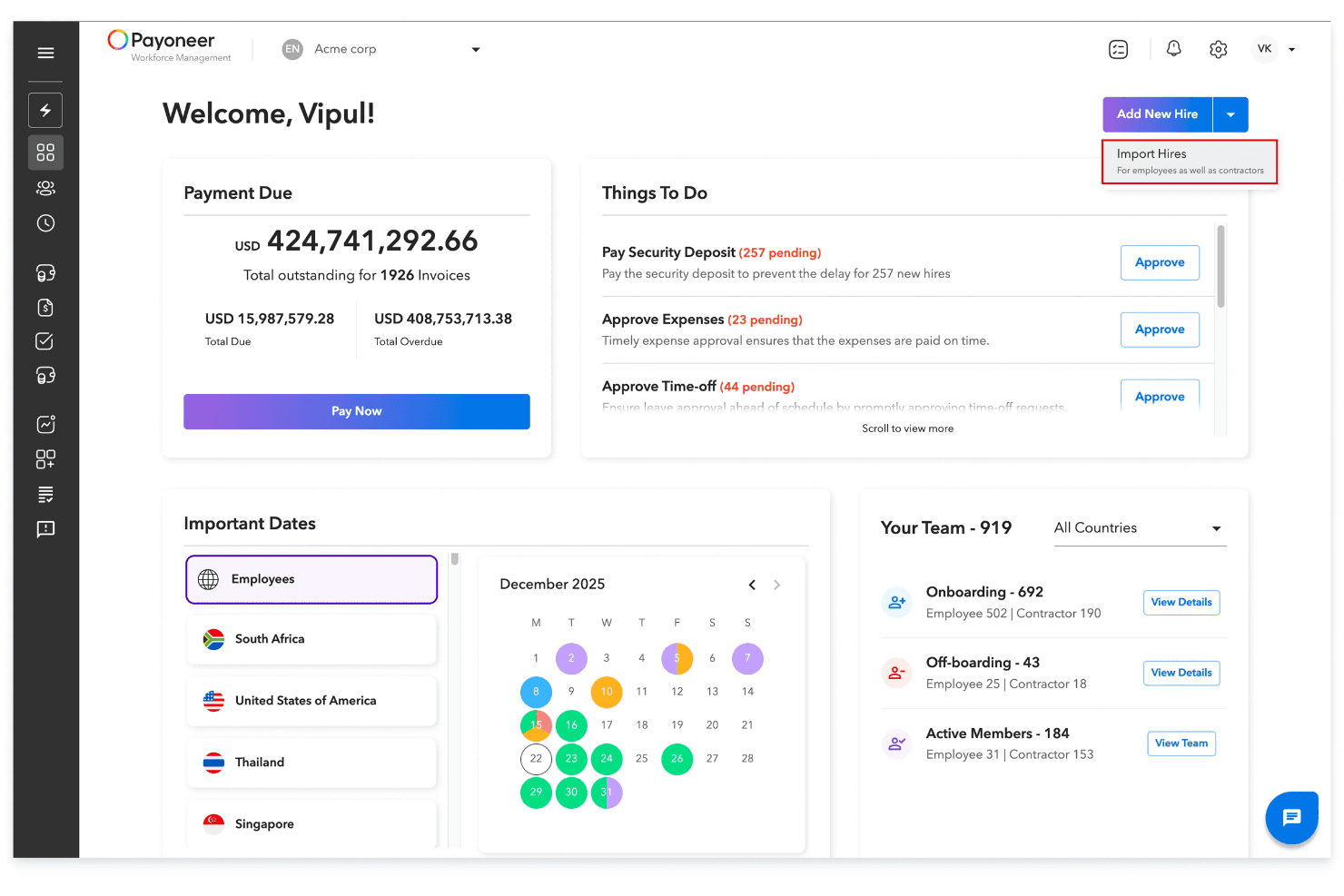 Kontrolpanelet i Payoneer Workforce Management viser forfaldne betalinger, teamstatistikker og kalender.