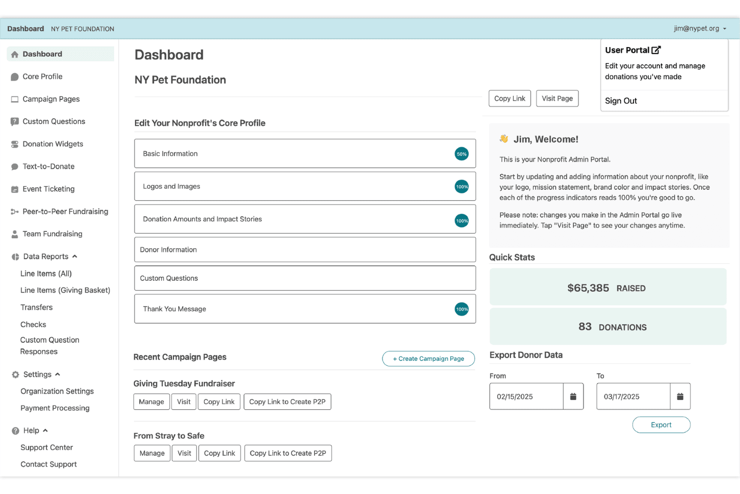 Administrations-Dashboard der gemeinnützigen Organisation Give Lively mit Kampagnenseiten, grundlegender Profileinrichtung und Spendenstatistiken.