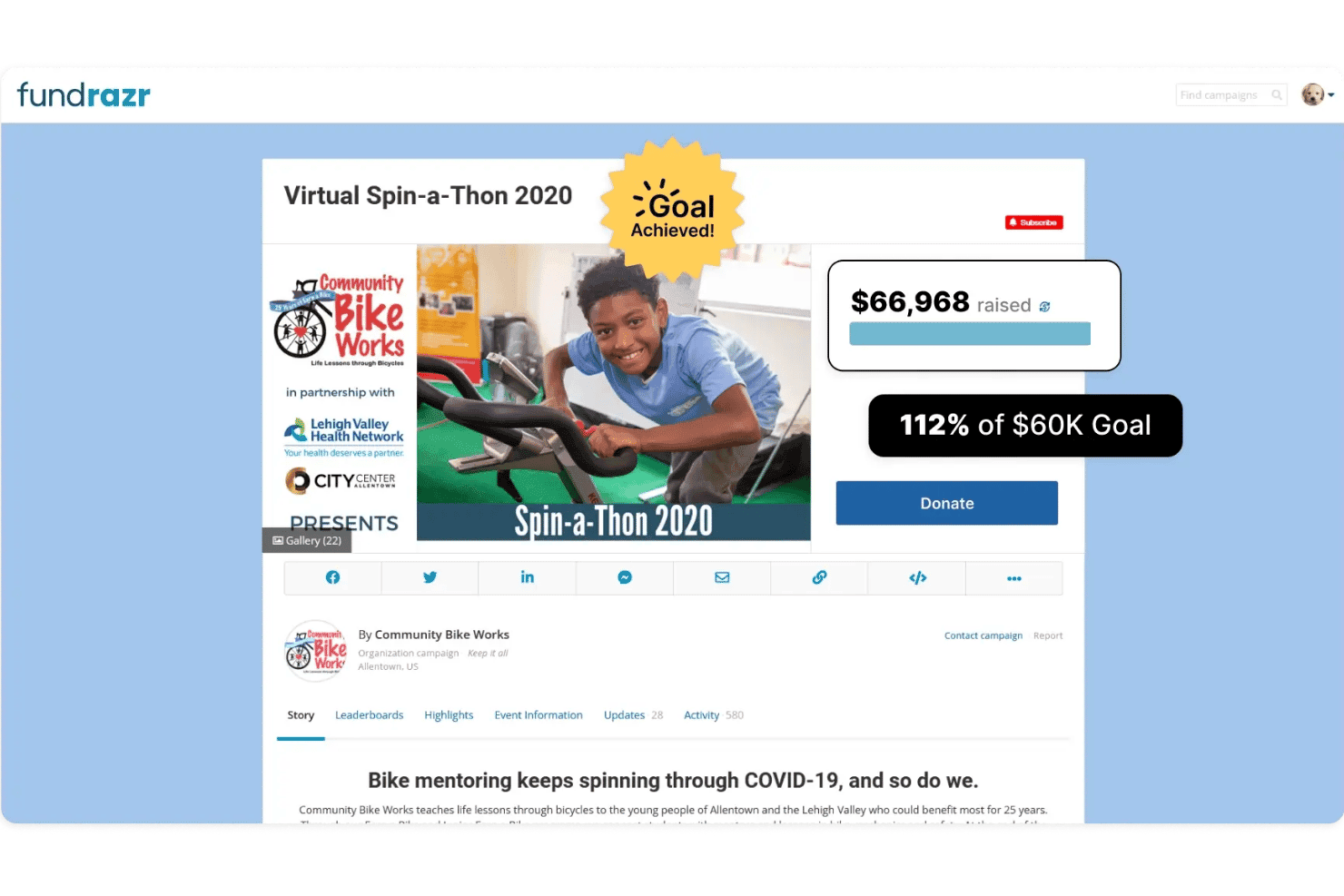 FundRazrin kampanjasivu Virtuaalinen Spin-a-Thon 2020 -tapahtumalle, jossa näkyvät tavoitteen saavuttamisen merkki ja lahjoituspainike.