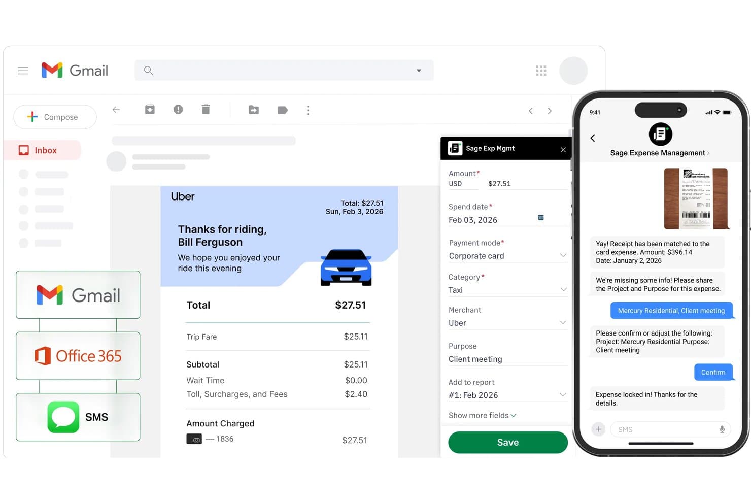 Sage Expense Management -käyttöliittymä, jossa Uber-kuitti on täytetty automaattisesti kululomakkeeseen ja mobiilissa näkyy keskusteluvahvistus.