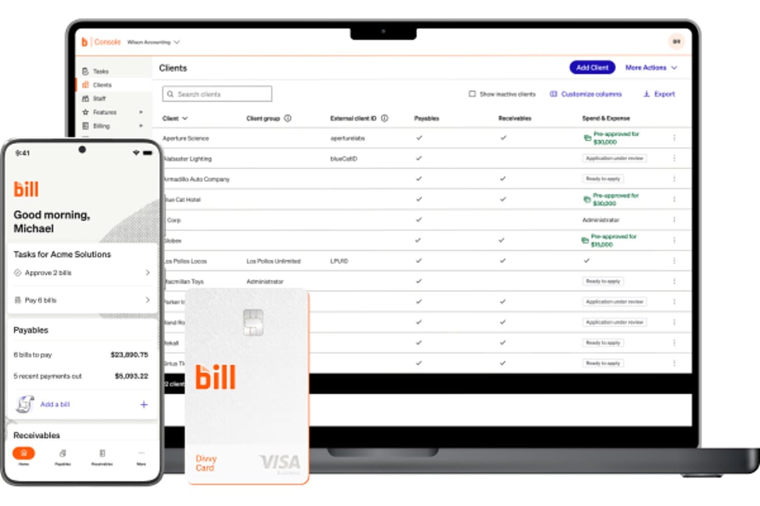 Dashboard della console BILL che mostra l'elenco dei clienti, app mobile con riepilogo dei pagamenti e carta Divvy Visa.