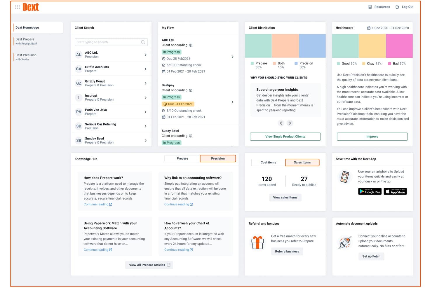 Dashboard della homepage di Dext che mostra l'elenco dei clienti, il flusso delle attività, i punteggi di salute e i pannelli dell'hub delle conoscenze.