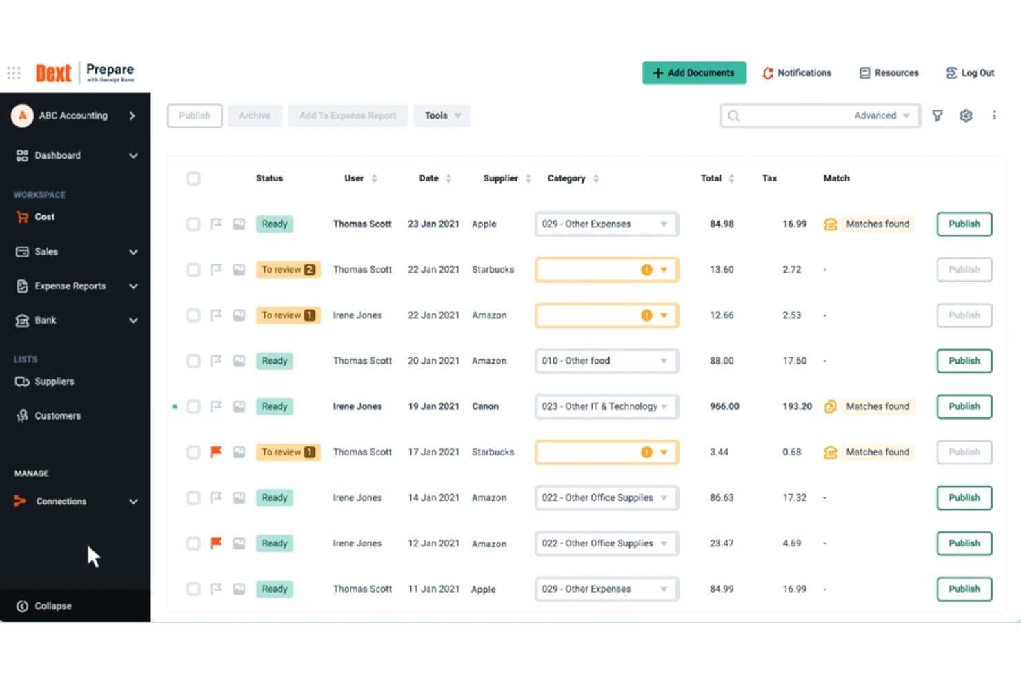 Tableau de bord Dext Prepare affichant une liste de documents de dépenses avec le statut, le fournisseur, la catégorie, le total et les actions de publication.
