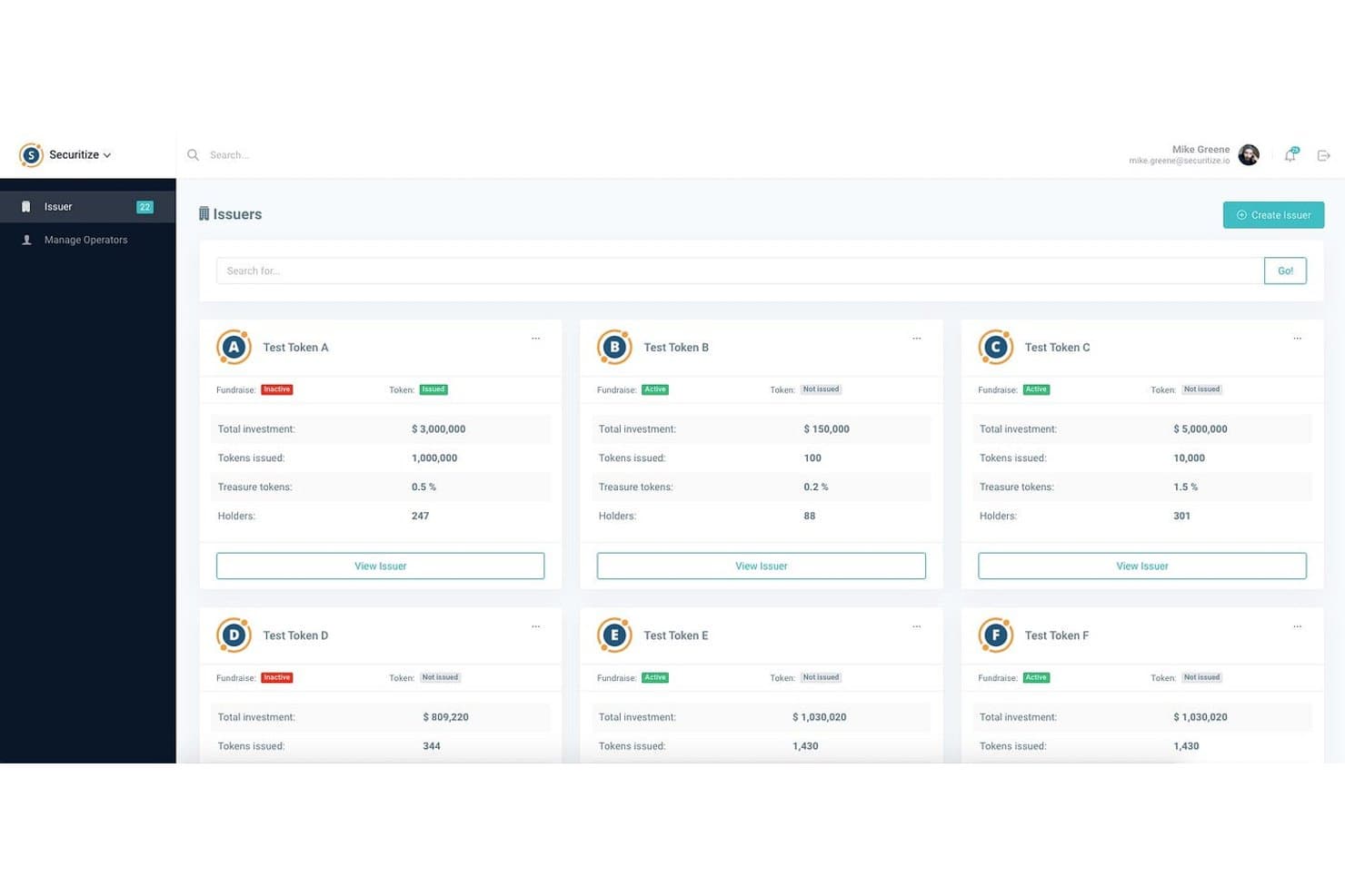 Securitize-Emittenten-Dashboard mit sechs Token-Karten, die Gesamtbeträge der Investitionen, ausgegebene Token und Anzahl der Inhaber anzeigen.