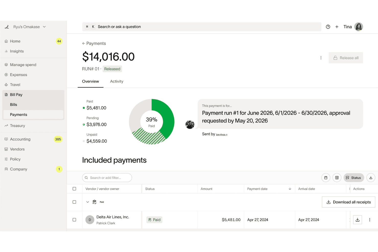 Zahlungsübersicht von Ramp Bill Pay mit einem Zahlungslauf über $14,016 und einem Diagramm zur Aufschlüsselung in bezahlte, ausstehende und unbezahlte Zahlungen.