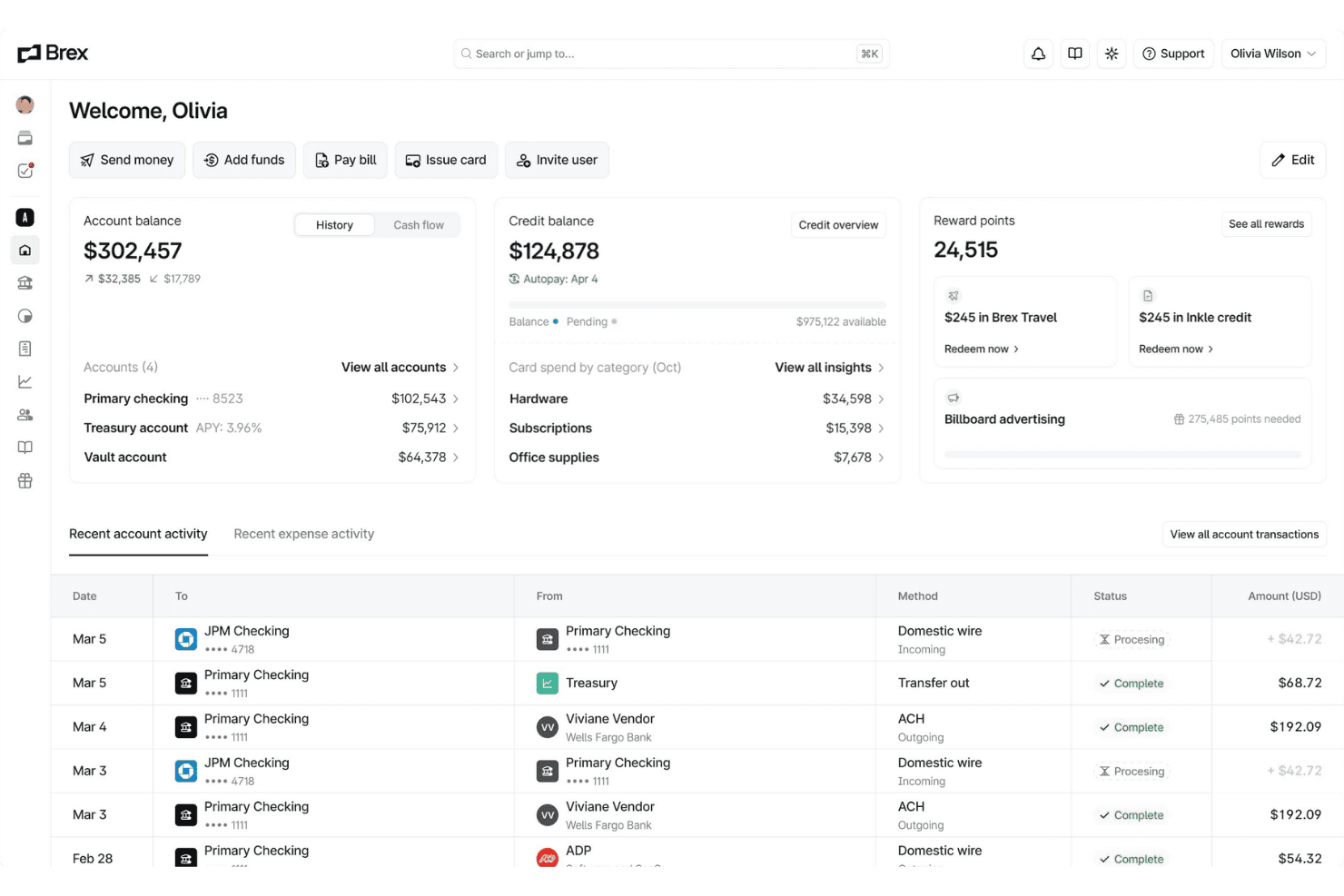 Brex-Dashboard mit einem Kontostand von $302,457, Guthaben, Prämienpunkten und aktuellen Transaktionen.