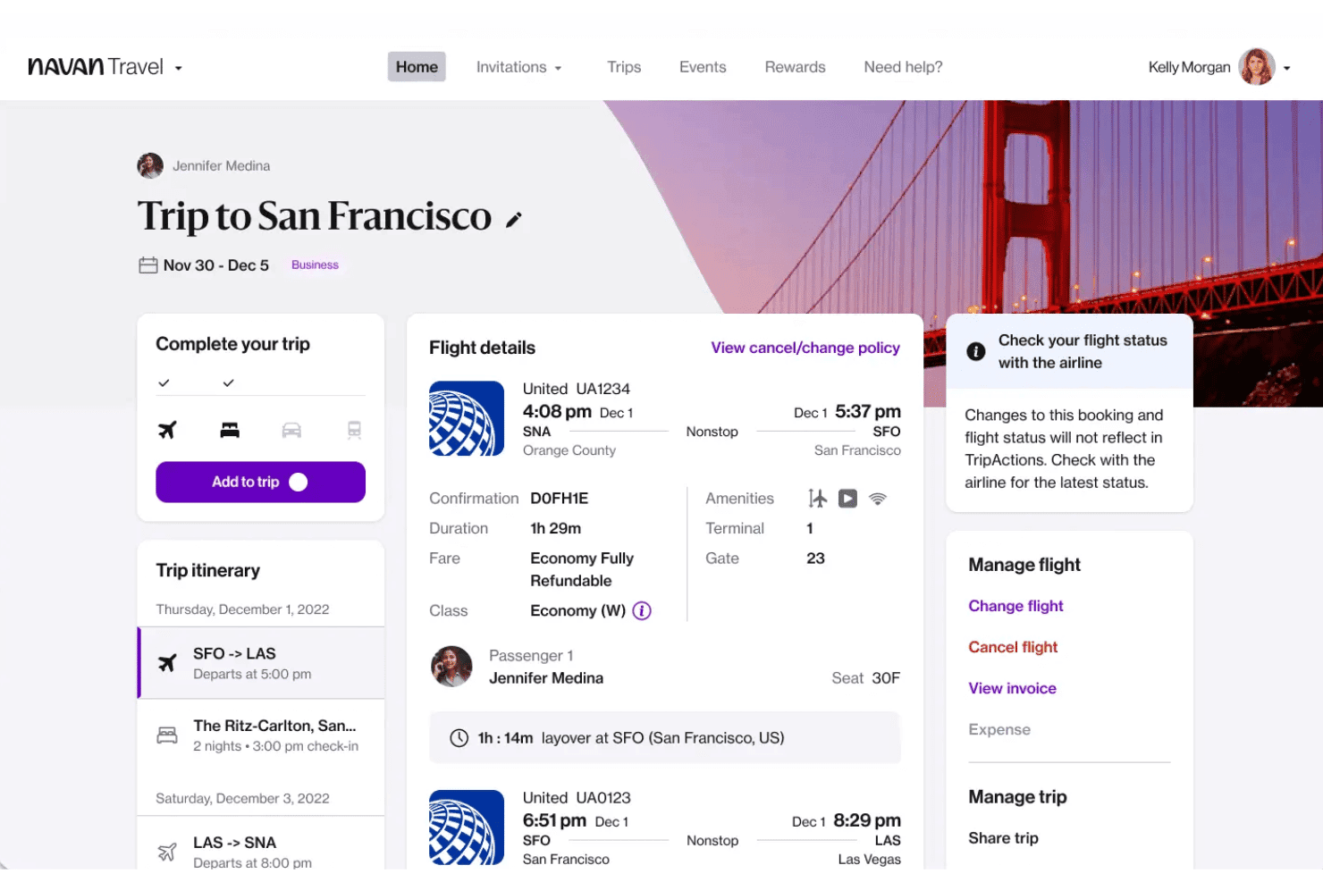 Navanin matkojen hallintapaneeli näyttää San Franciscon työmatkan lentotiedot sekä aikataulun ja hallintavaihtoehdot.