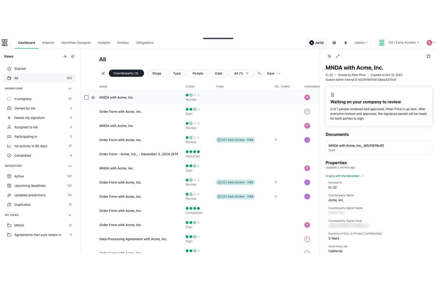 Ironclad-Dashboard mit einer Vertragsliste samt Phasen und Workflow-Status sowie einem Bereich für Vertragseigenschaften.