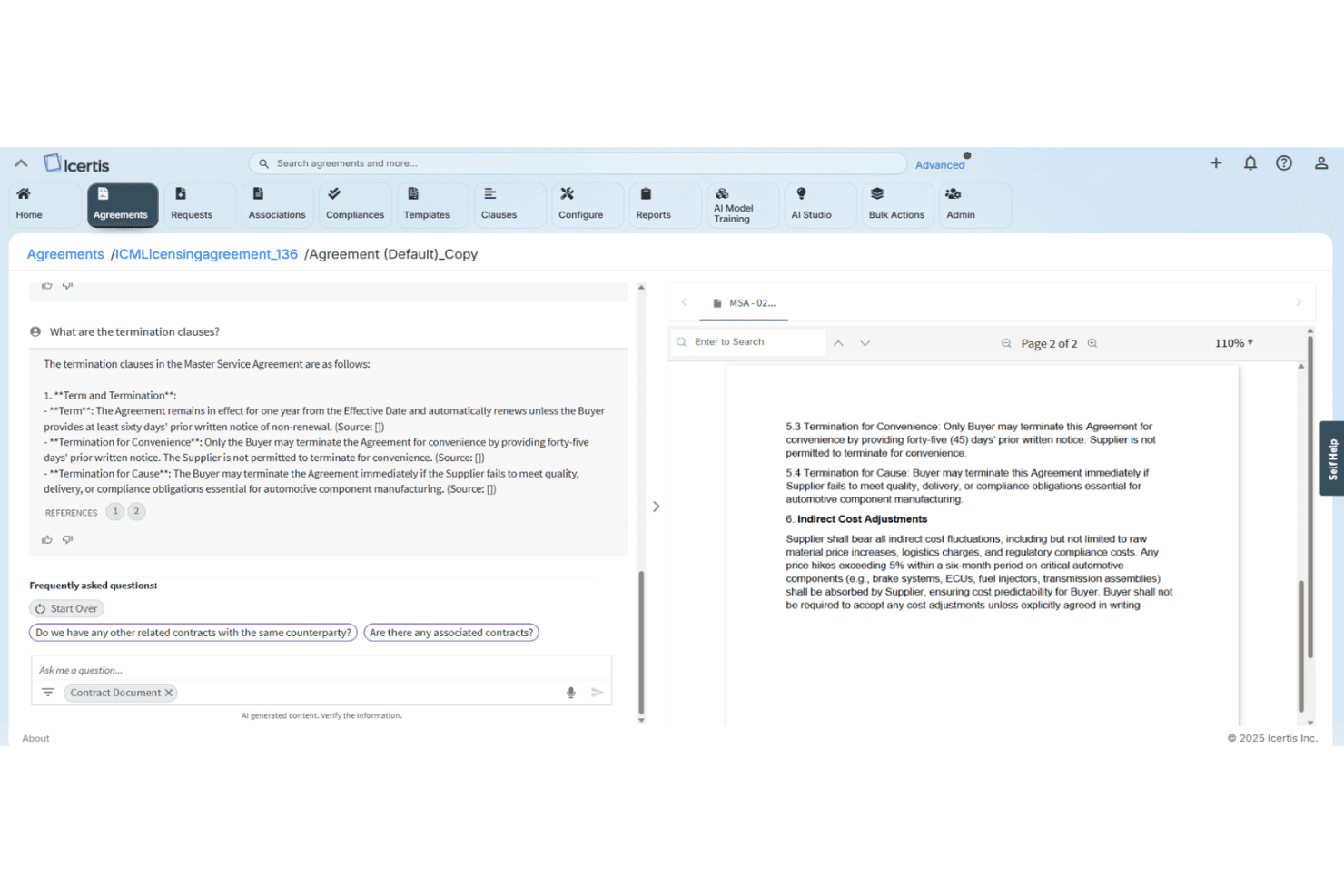 Icertis-Plattform für Vertragsmanagement mit einem KI-Chat, der eine Anfrage zu einer Kündigungsklausel beantwortet und eine Dokumentvorschau anzeigt.