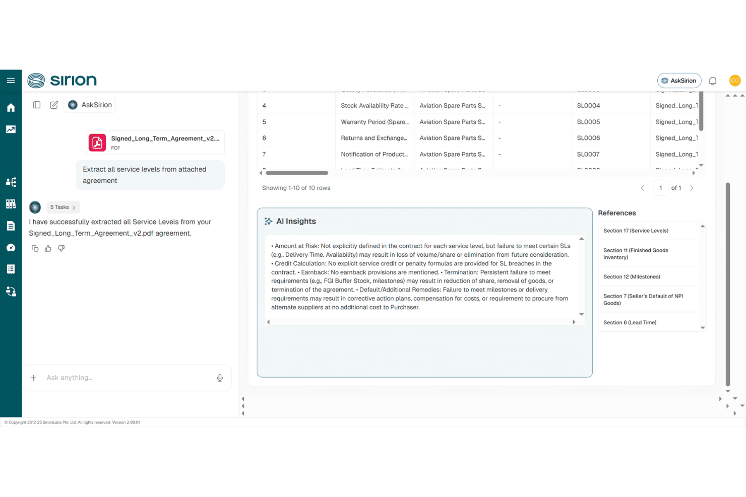 Sirion-Plattform, die einen KI-Chat zur Extraktion von Serviceleveln aus einem PDF-Vertrag mit einem Erkenntnisbereich zeigt.