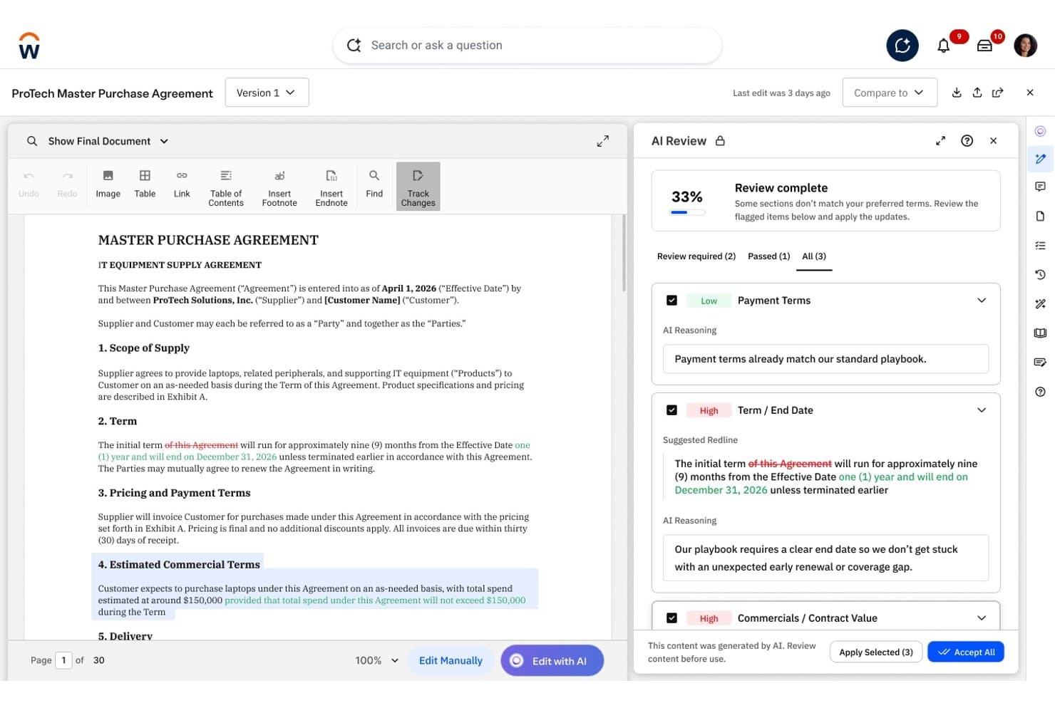 Das KI-Prüfungsfenster von Workday Contract Management zeigt Vorschläge für Änderungsmarkierungen und Risikohinweise in einer Einkaufsvereinbarung.